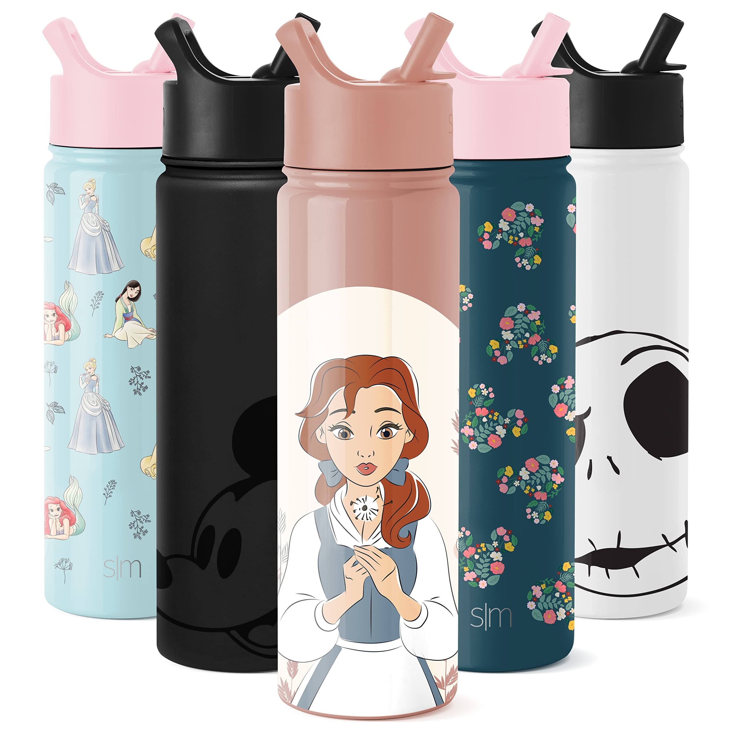 Simple Modern Disney Princess Water Bottle with Straw Lid Insulated Stainless Steel Thermos | Leak Proof Flask | Summit | 22oz Belle On Mauve