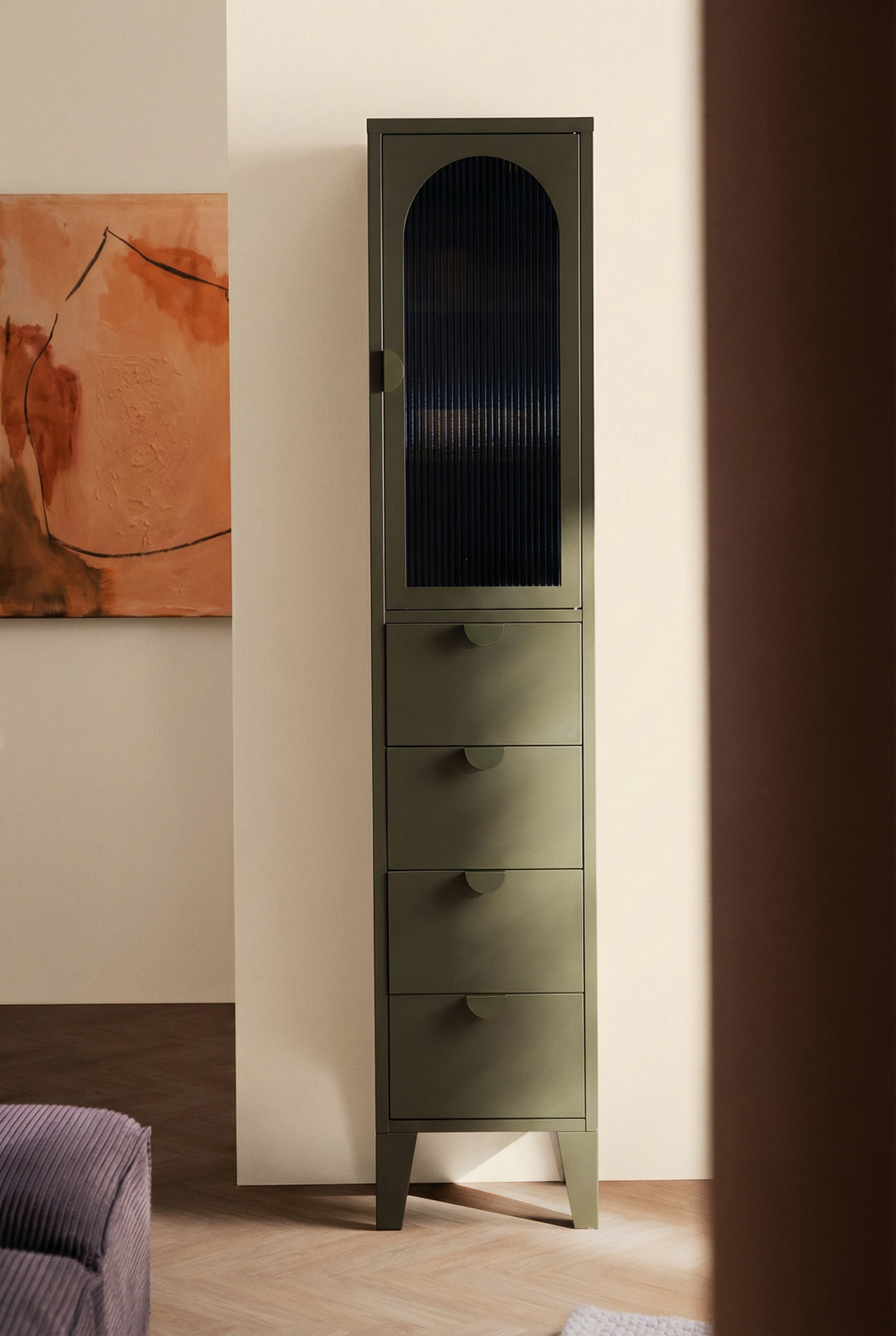 Andrius - Vitrina 1 Puerta y  4 Cajones de Acero Laminado y Vidrio Andrius