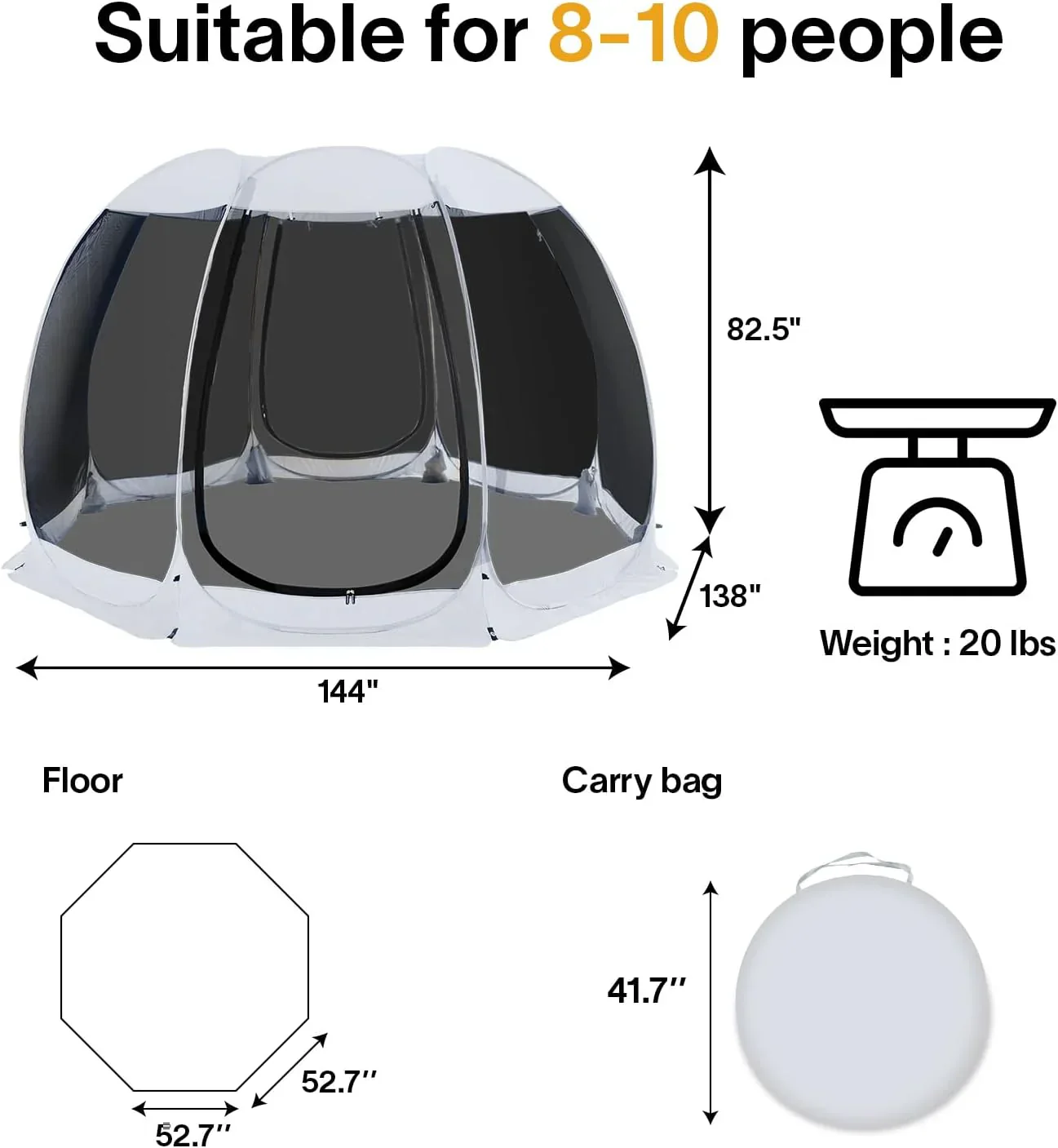 Gazebo moustiquaire pouvant accueillir 6, 10 ou 15 personnes. Tente de style igloo avec moustiquaire latérale. Idéal