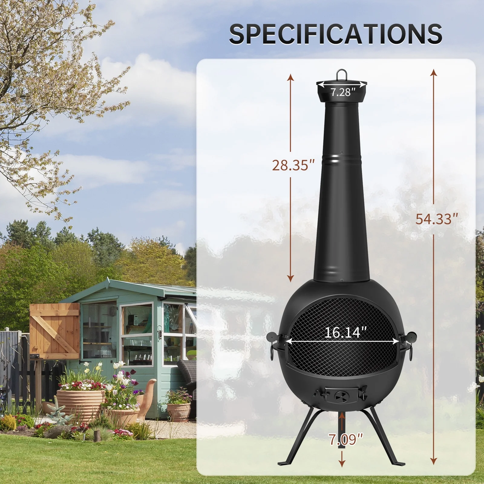 Chiminea Outdoor Fireplace, Wooden Fire Pit for Patio Backyard with Cover, Black(NFP056A) - Image 4
