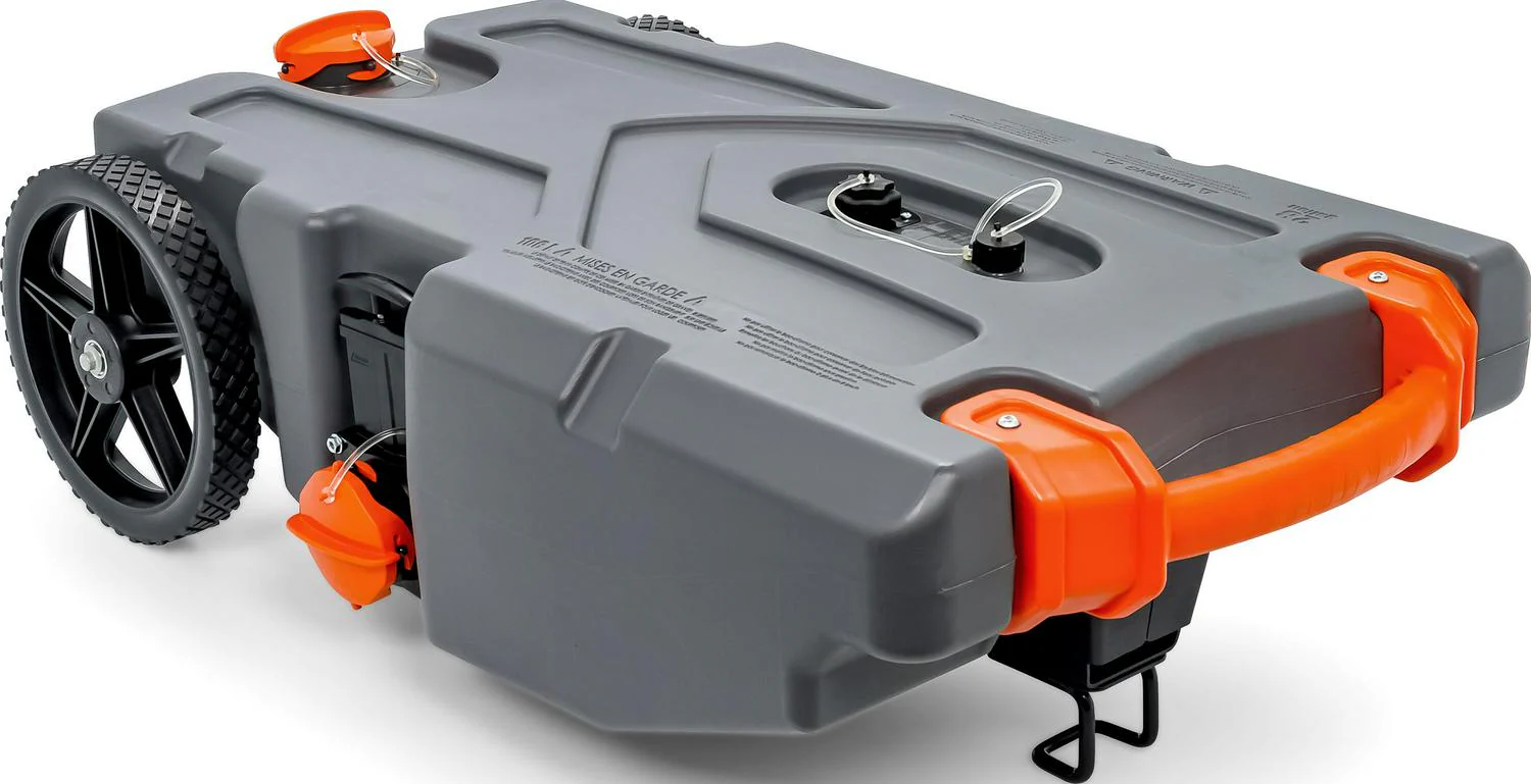 Réservoir de stockage des eaux usées portable Camco Rhino Heavy Duty de 28 gallons pour VR avec tuyau et accessoires - Réservoir de transport pour VR durable, étanche et inodore (39004)