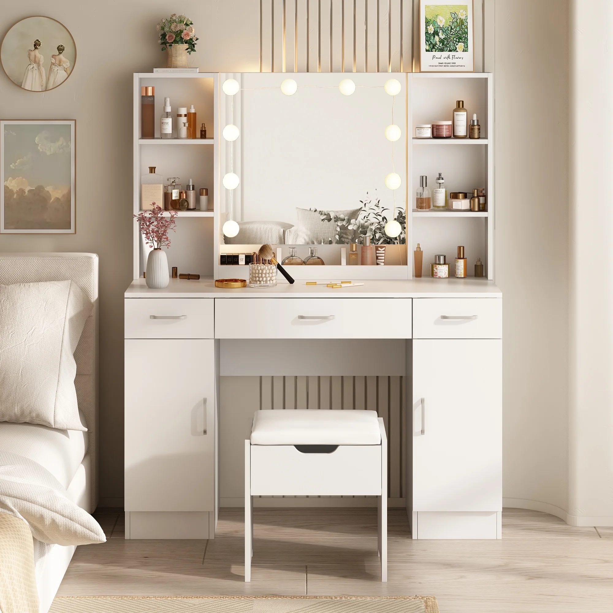 Large Makeup Vanity Set with Light Modern Makeup Vanity Table with Storage and Adjustable Lighting Colors for Bedroom 45.2in, White(White) - Image 2