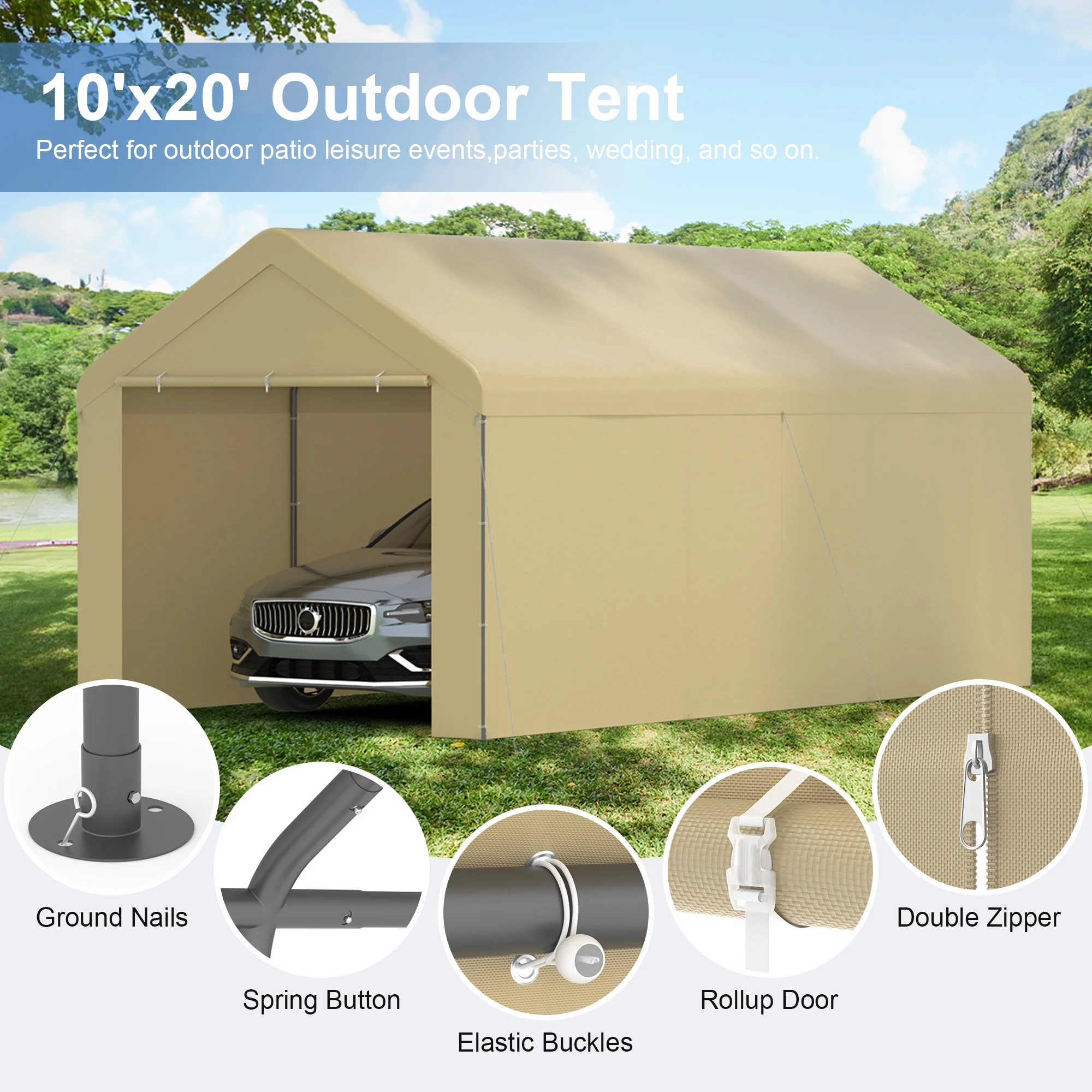 GOJOOASIS Carport, 10 x 20 Heavy Duty Carport Canopy with Removable Sidewall, Water - Resistant Portable PE Garage with All - Season Tarp Beige