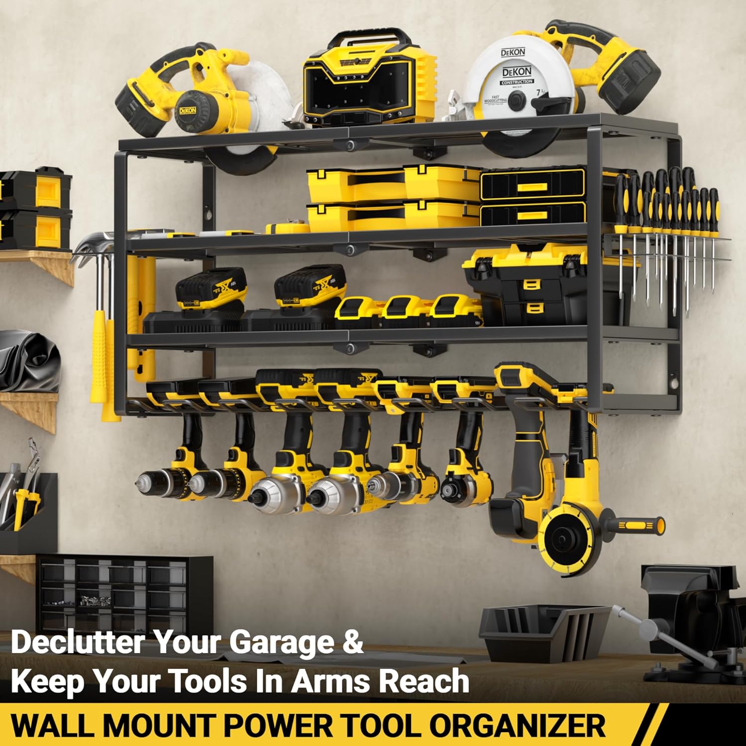 YYR 4 Layer Power Tool Organizer Wall Mount, Cordless Drill Hanger Storage Rack, Battery Tools Holder with Charging Station Shelf for Garage Organization, Workshop, Pegboard, Shed - 32 Inch 8 Slots