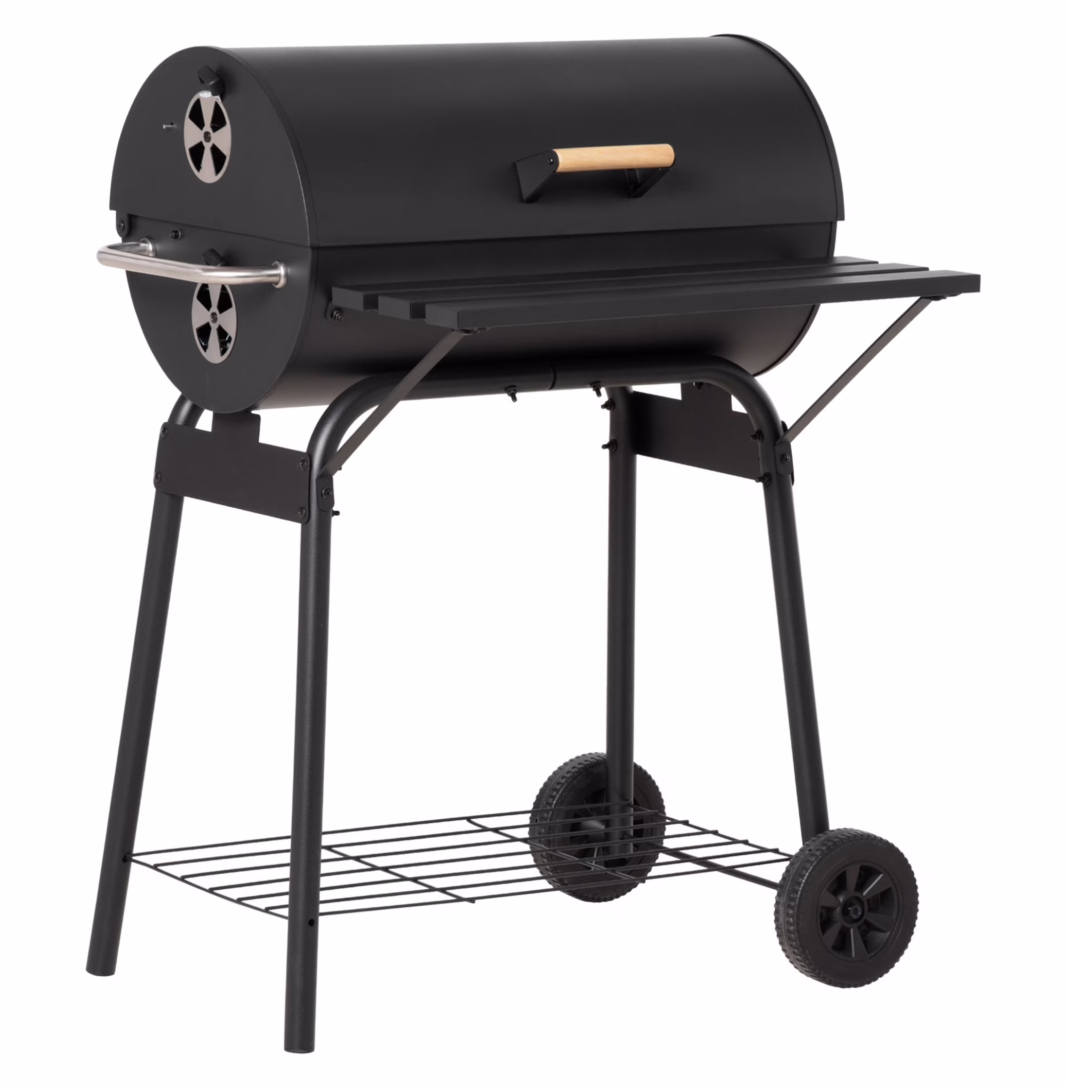 Outsunny 30 Portable Barrel Charcoal BBQ Grill, Steel Outdoor Barbecue Smoker with Storage Shelf, Wheels for Garden Camping Picnic, Black