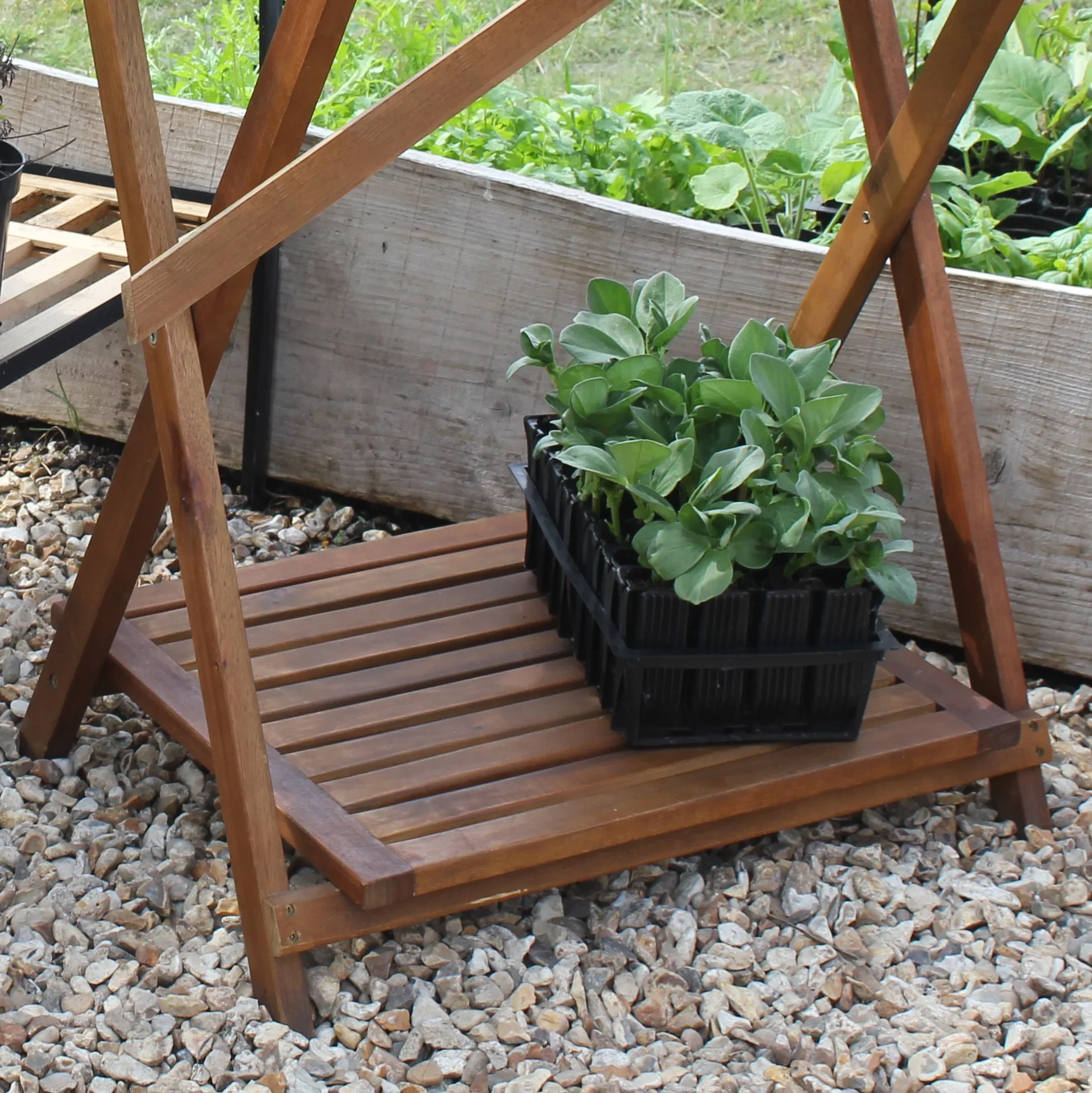Haxnicks Hardwood Potting Table, Foldable Garden Bench with Storage Shelf, Acacia Wood, 29.5W x 39.3H x 18.8D