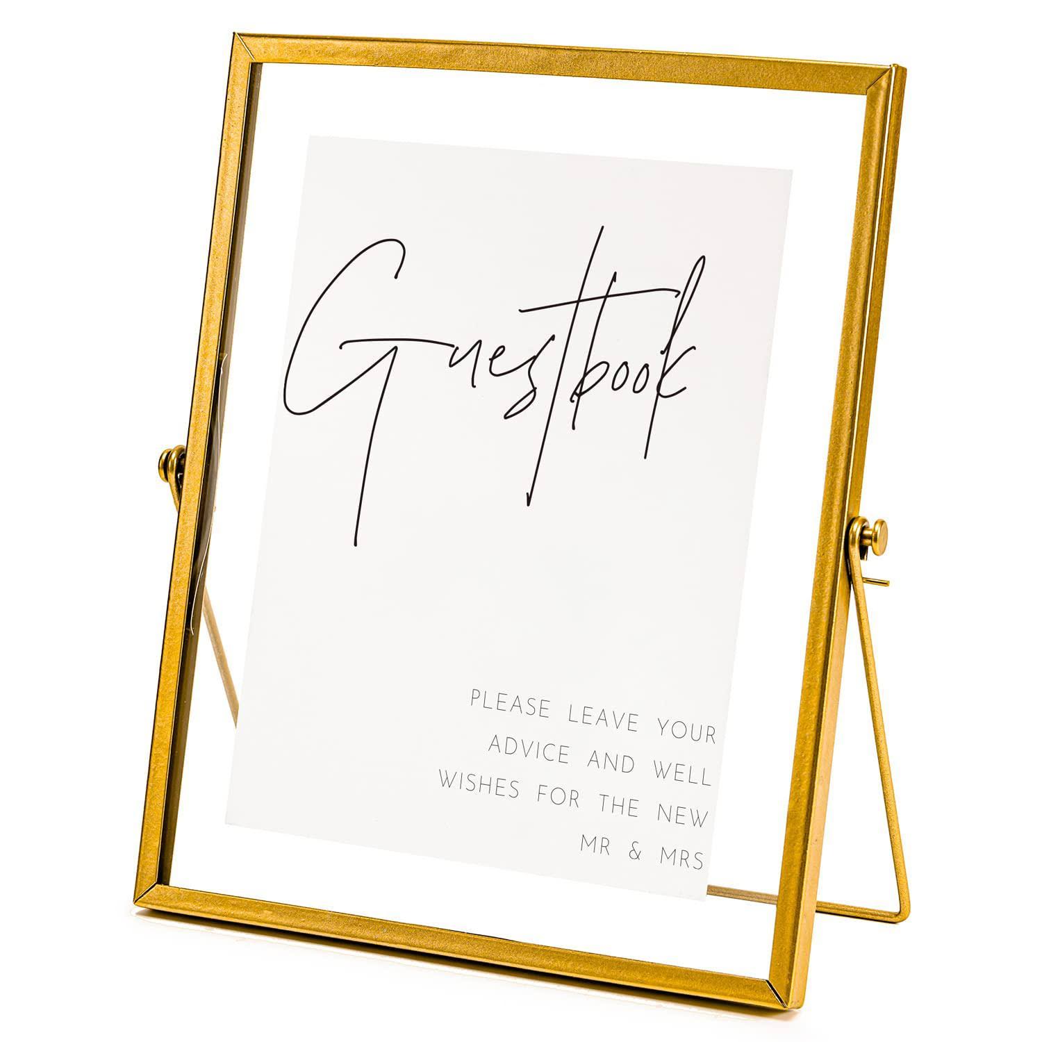 Calculs Gold Floating Picture Frames Sign Holder Guestbook Alternative, Metal Glass Photo Display Stand Menu Holder 8x10inche