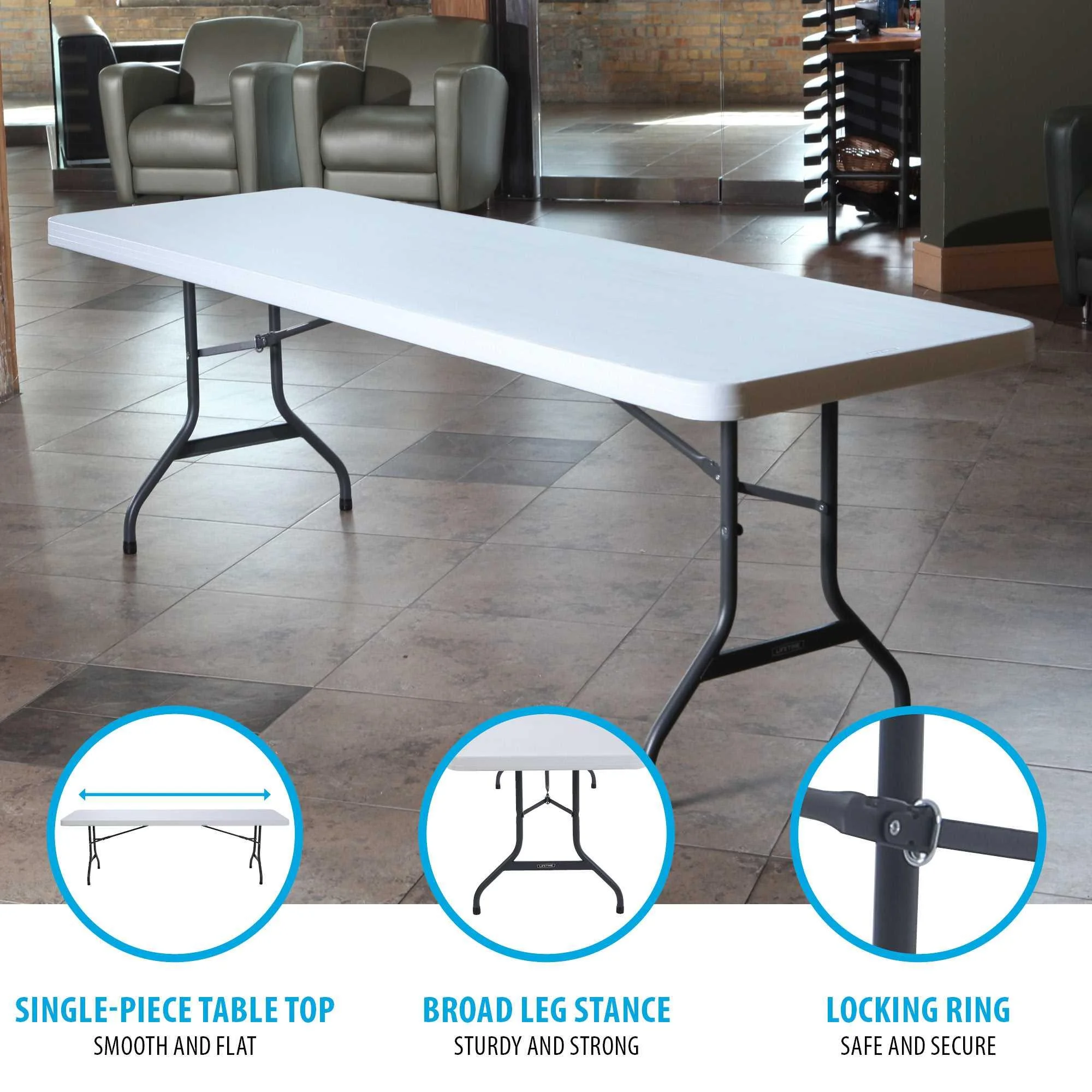 8 ft. Rectangle Folding Table, Indoor/Outdoor Commercial Grade, White Set of 4 (42980)(White) - Image 4