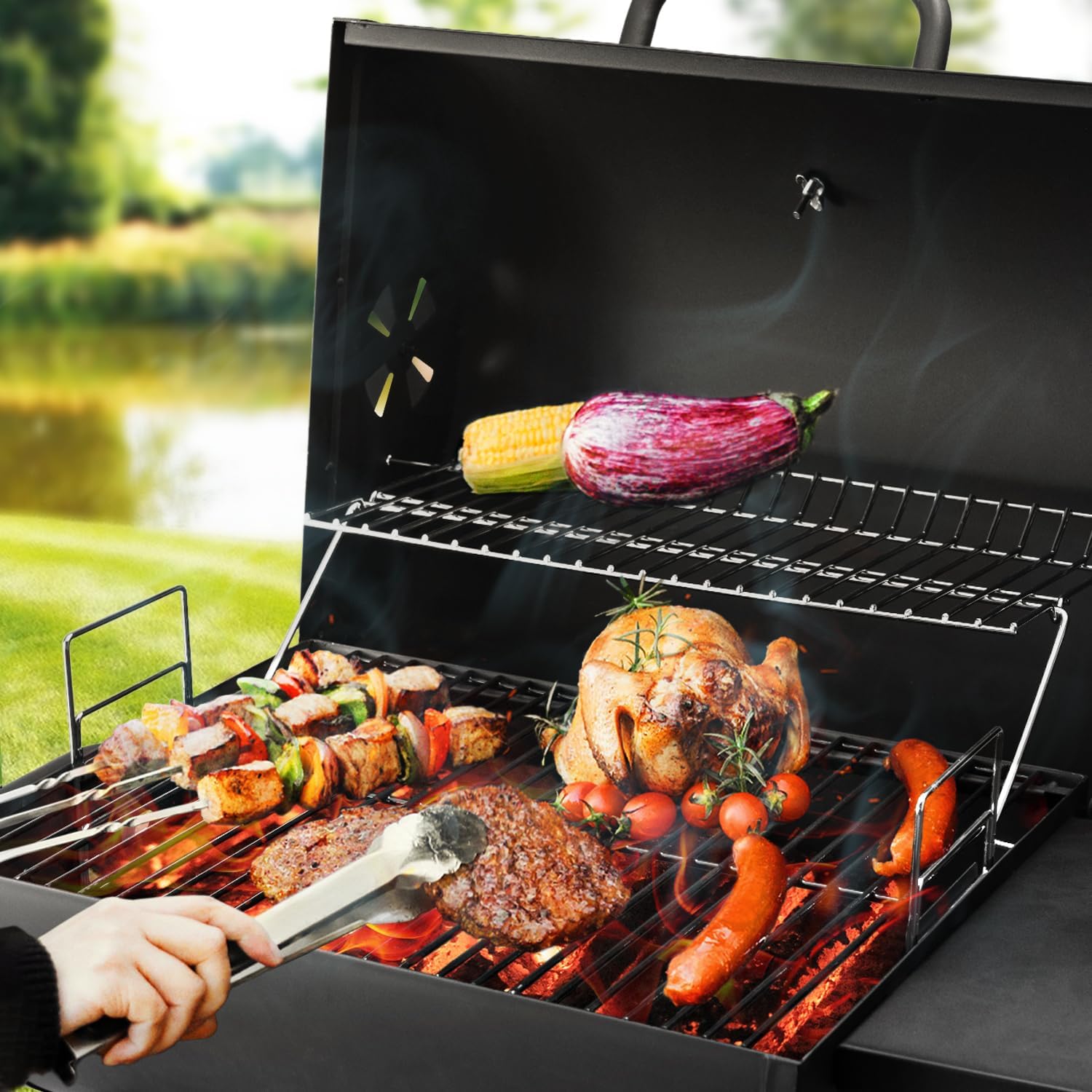 Charcoal Grill with Side Table, Barrel BBQ Grill with 500 Square Inches Cooking Area