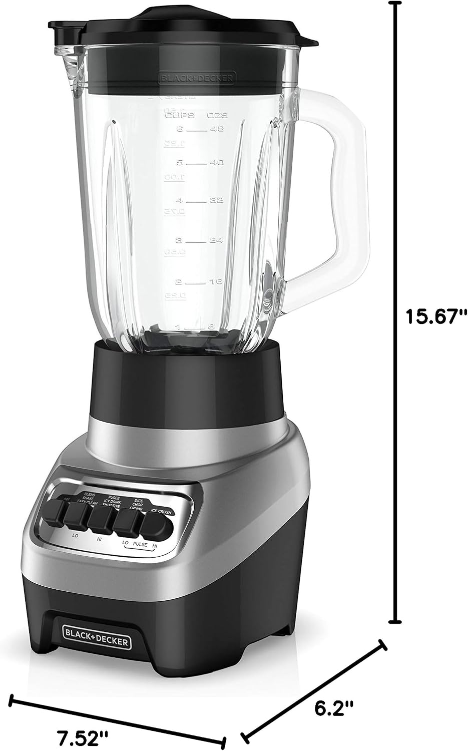 BLACK+DECKER PowerCrush Multi-Function Blender dengan Wadah Kaca 6-Cup, 4 Pengaturan Kecepatan, Perak