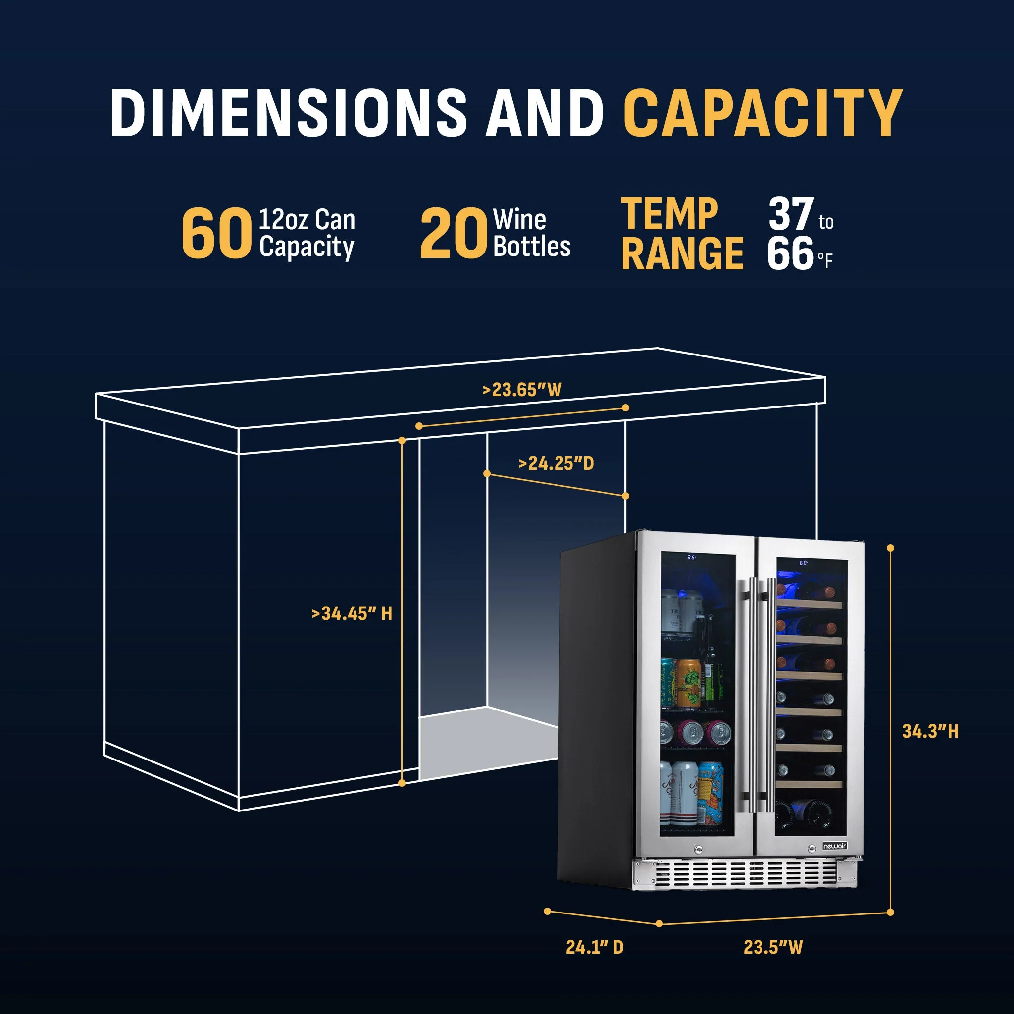 Newair 58-Can, 18-Bottle Premium Built-in Dual Zone Beverage Fridge - 24