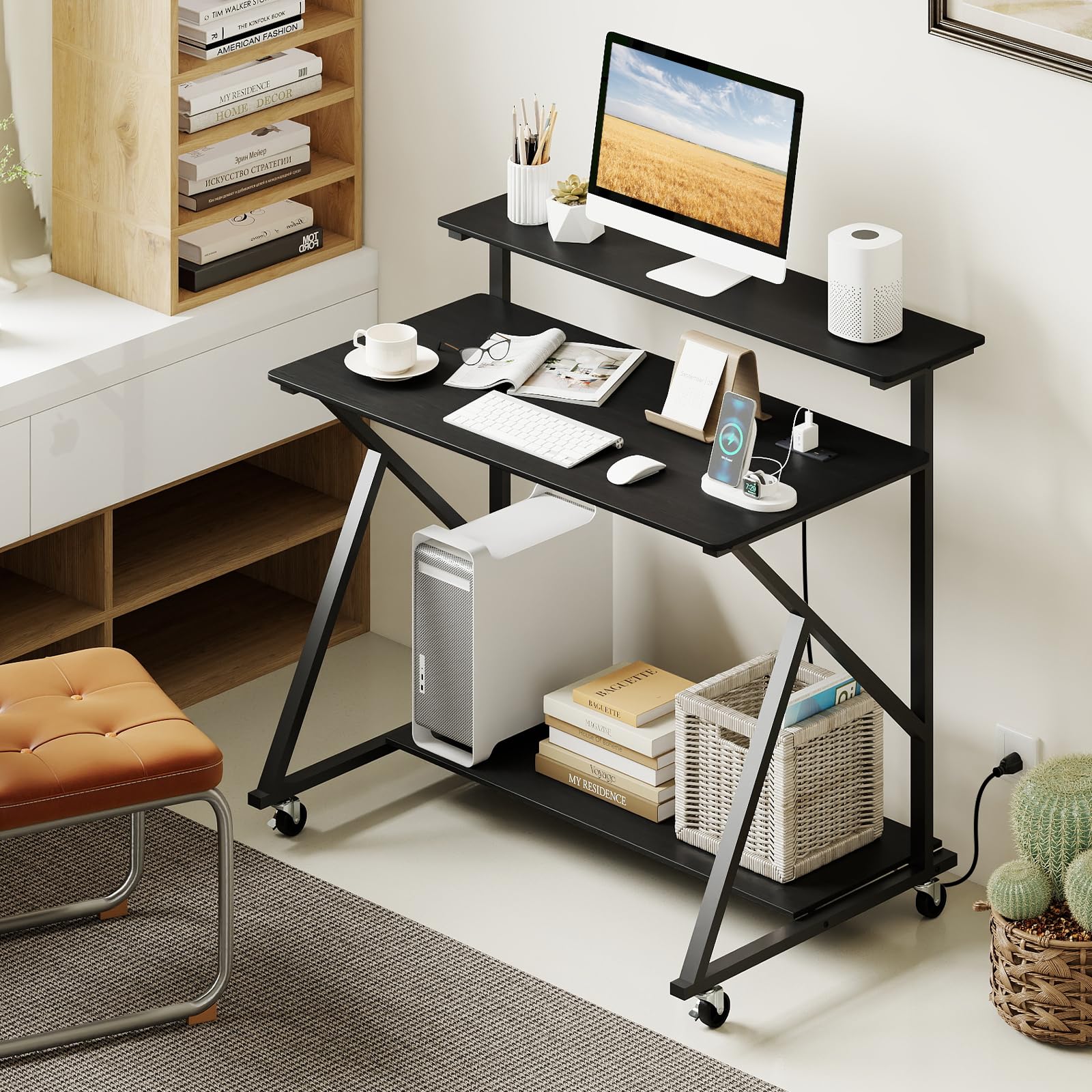 Tangkula 39.5" Mobile Computer Desk with Power Outlets for Home Office Bedroom