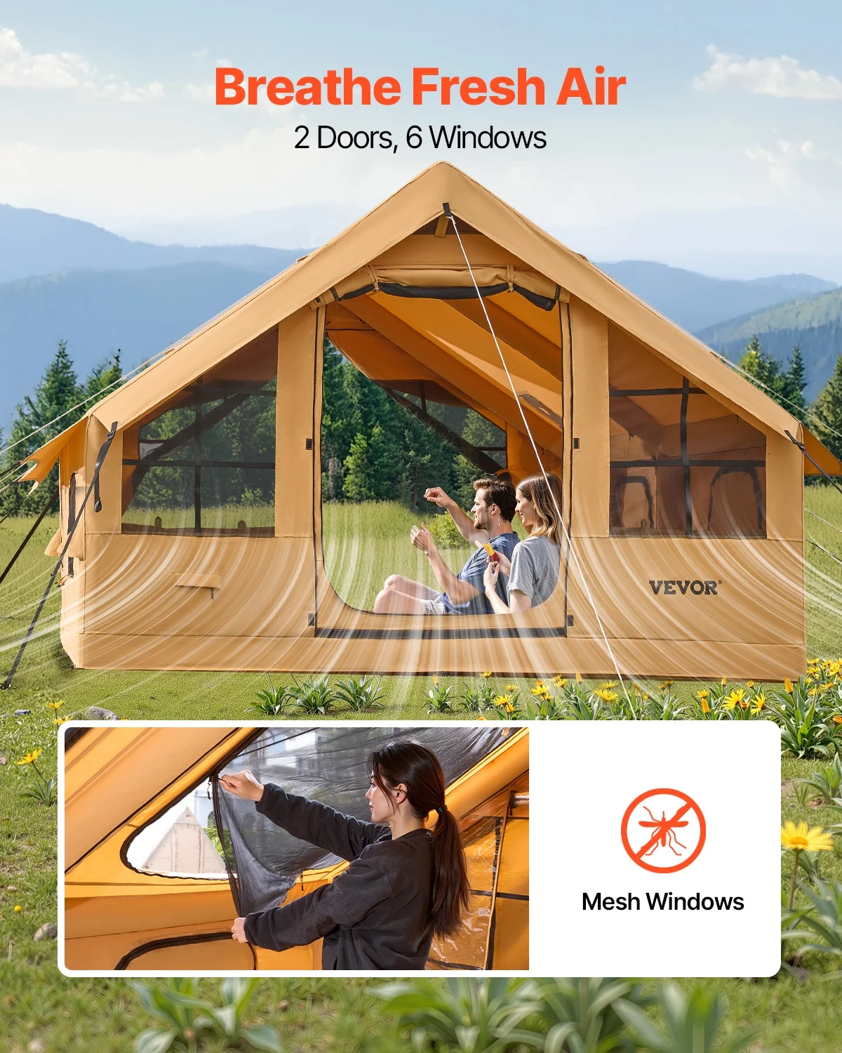 Inflatable Tents for Camping, 5-8 Person Easy Setup Blow up Tent with Hand Pump, Luxury Glamping Tent with 2 Skylights, Canopy, Stove Jack 2 Doors Mesh Windows (Storage Bag Included) - Image 6