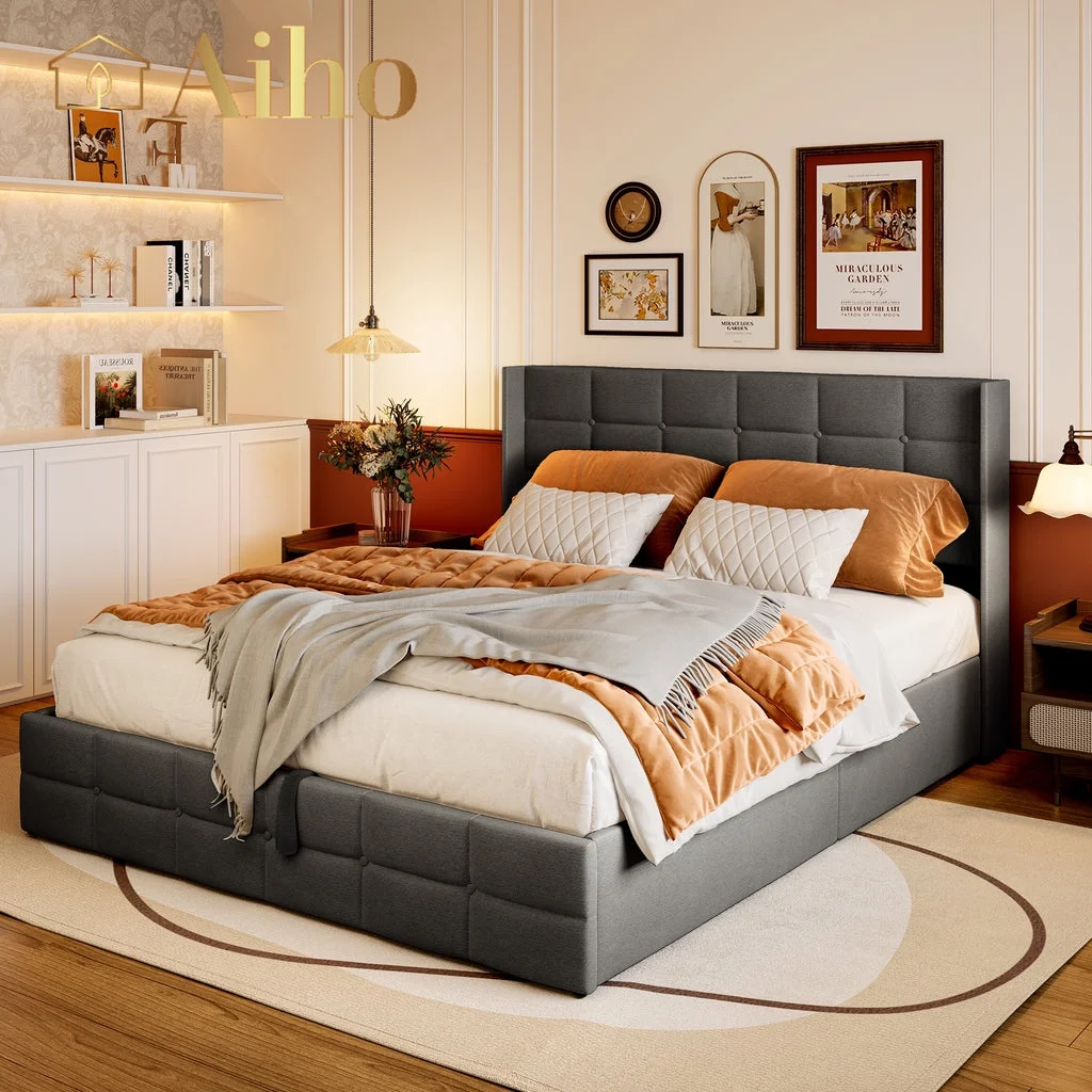 Full Lift Up Storage Bed, Full Size Bed Frame with Big Underneath Storage Modern Wingback Headboard No Box Spring Needed Gray(Full/Gray) - Image 6