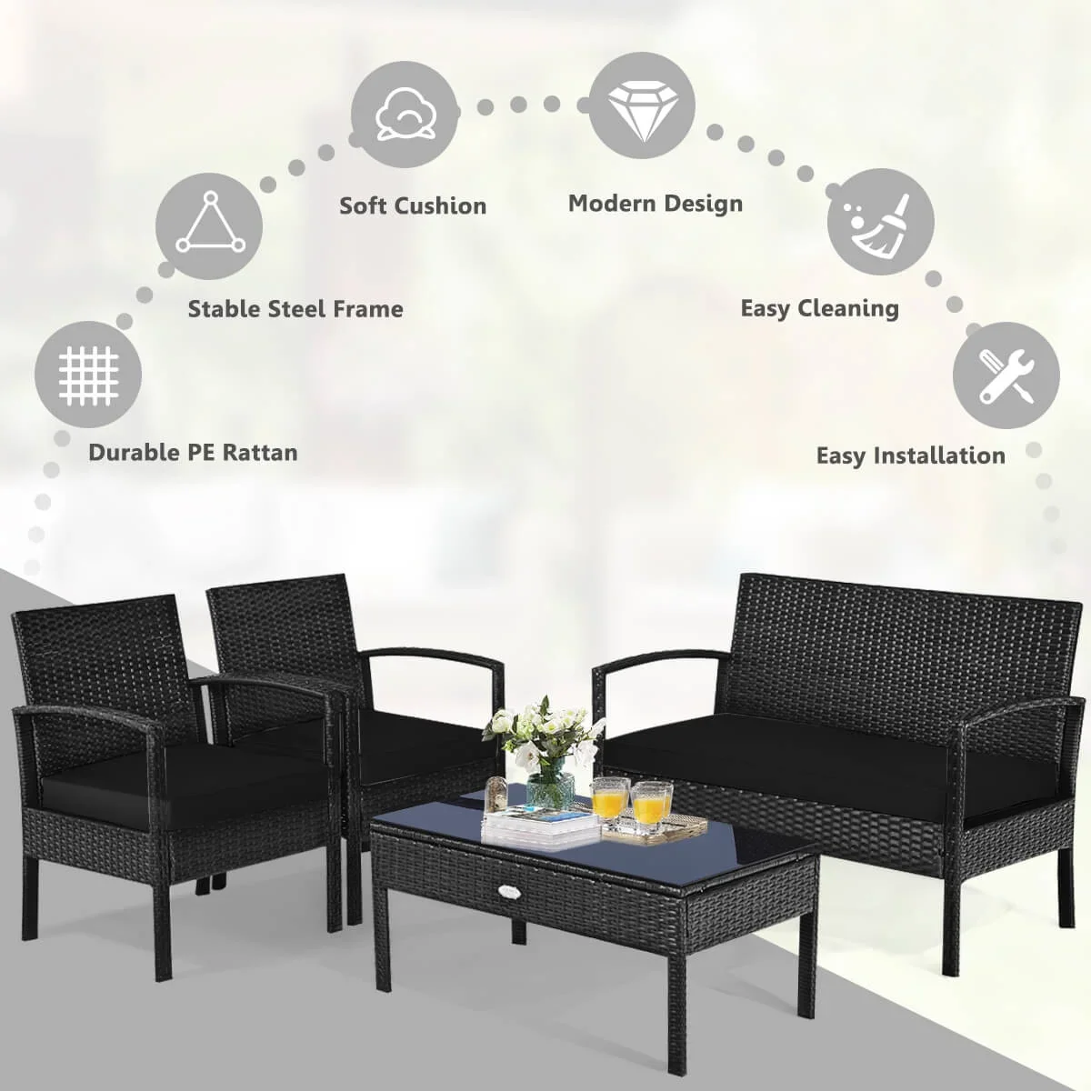 Costway 4PCS Patio Rattan Wicker Furniture Set Loveseat Sofa Cushioned Garden Yard Brown