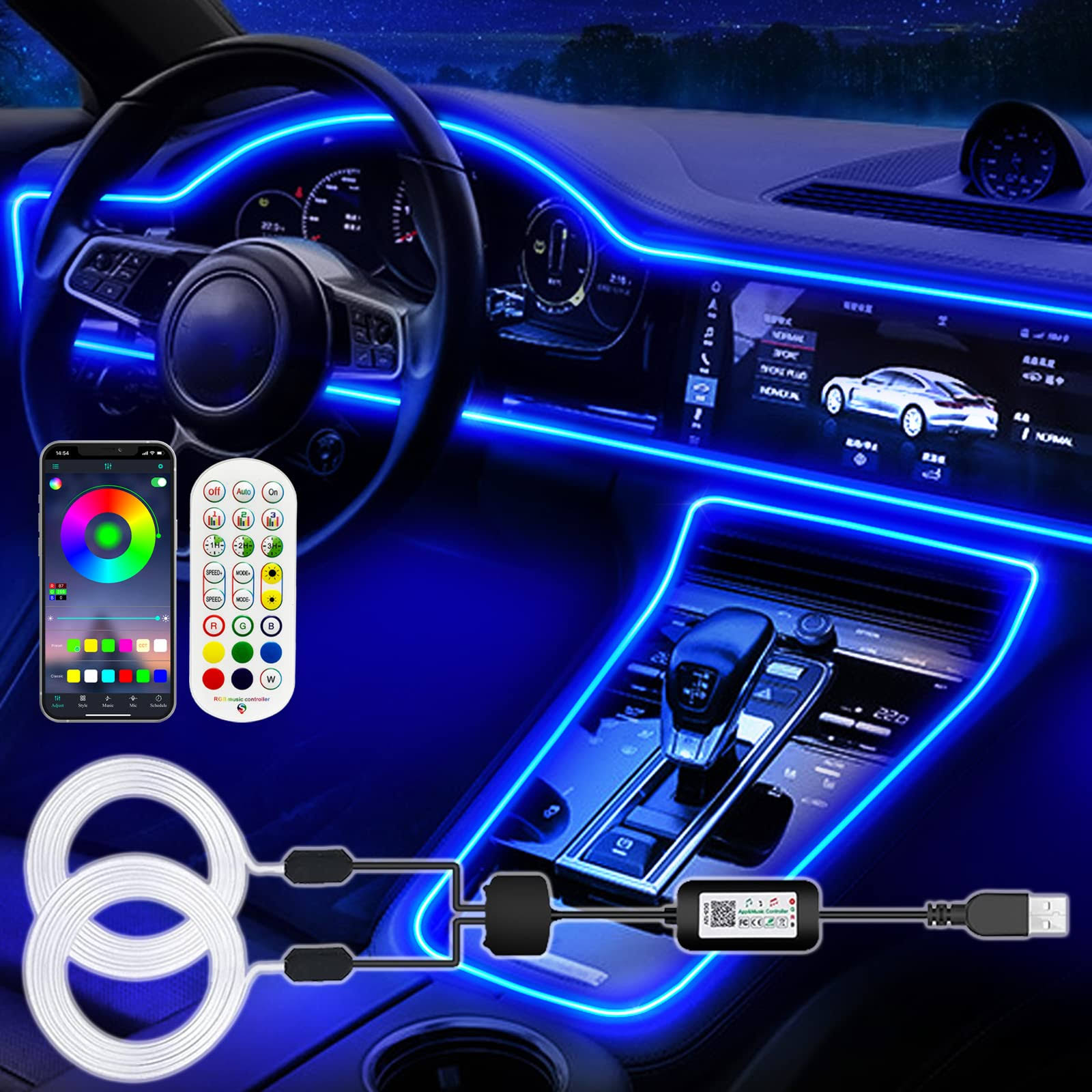 Jushope Interior Car LED Strip Lights, RGB USB Car Ambient Lighting with Fiber Optic, El Wire Car Accessories (2 in 1)
