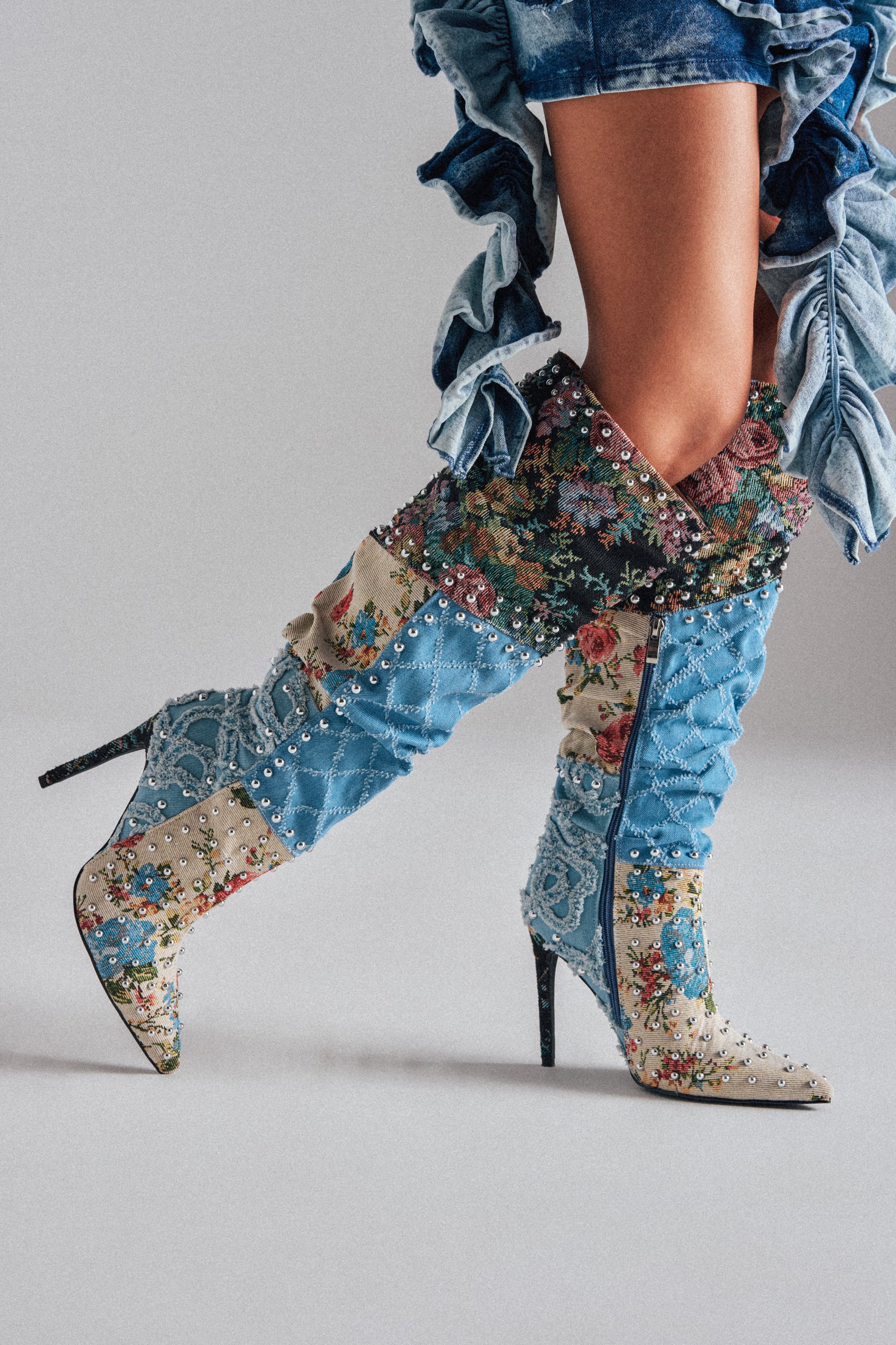 AZALEA WANG AILA DENIM MULTI STUDDED POINTED TOE STILETTO BOOT - Akira Store