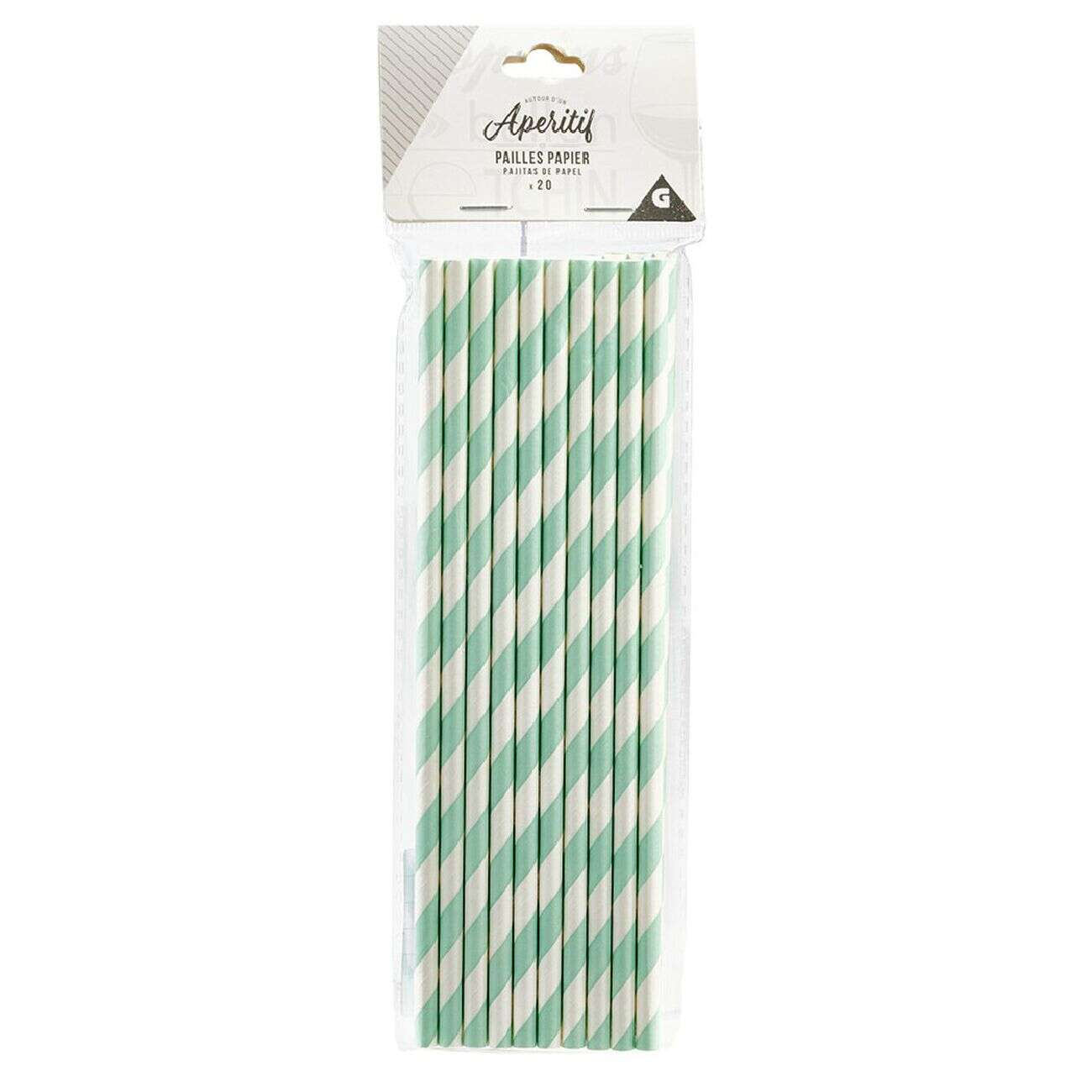 Paille en papier motif chevron blanc turquoise x20