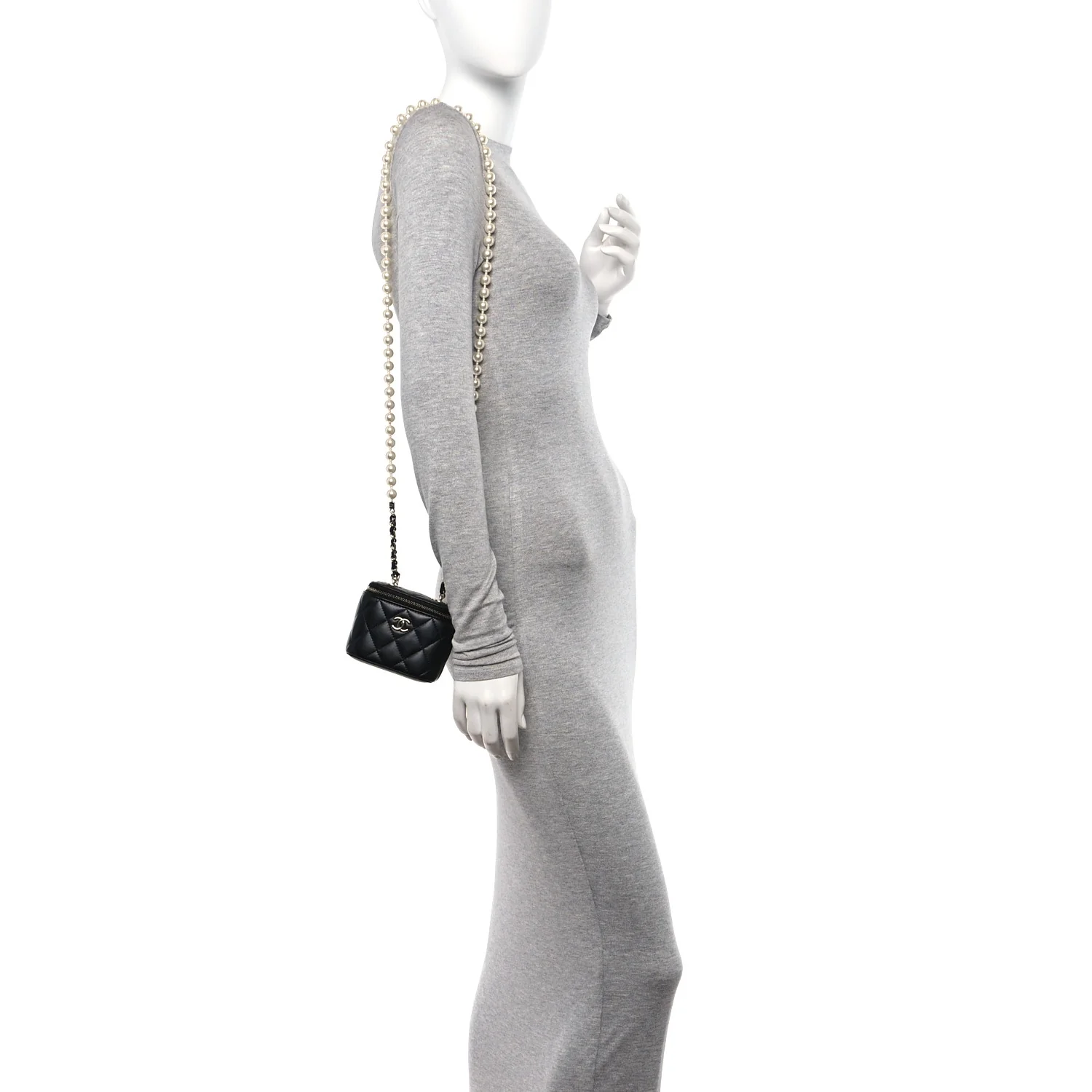 Lambskin Quilted Mini Vanity Case With Pearl Chain Black