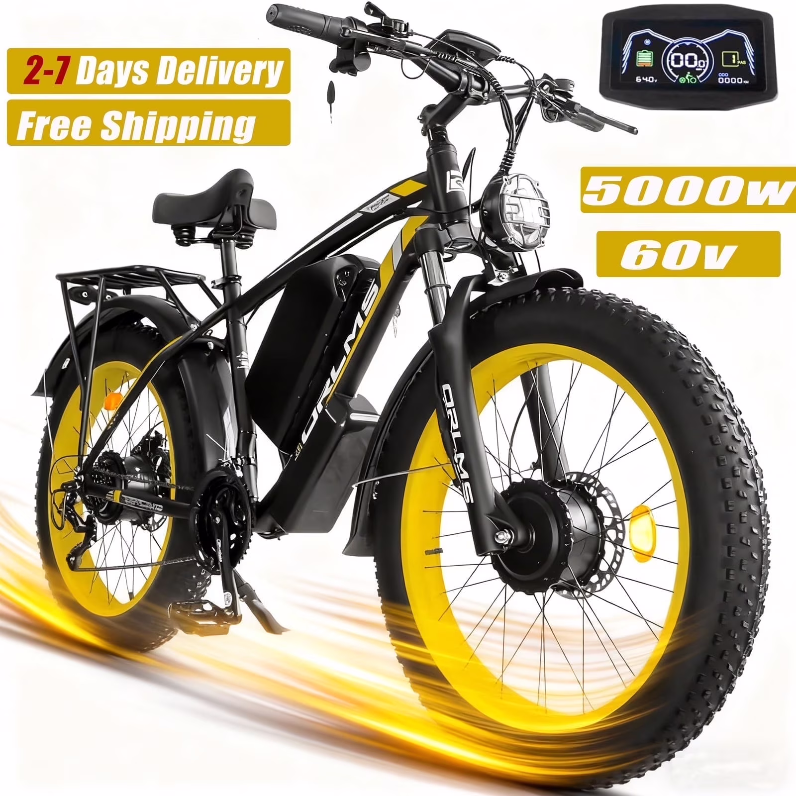 5000w Peak Dual Motor Electric Bike, 26" Fat Tire 21 Speed 45 MPH Commuter Mtb, 60V 25AH Front Suspension Ebike(Black-Green) - Image 3