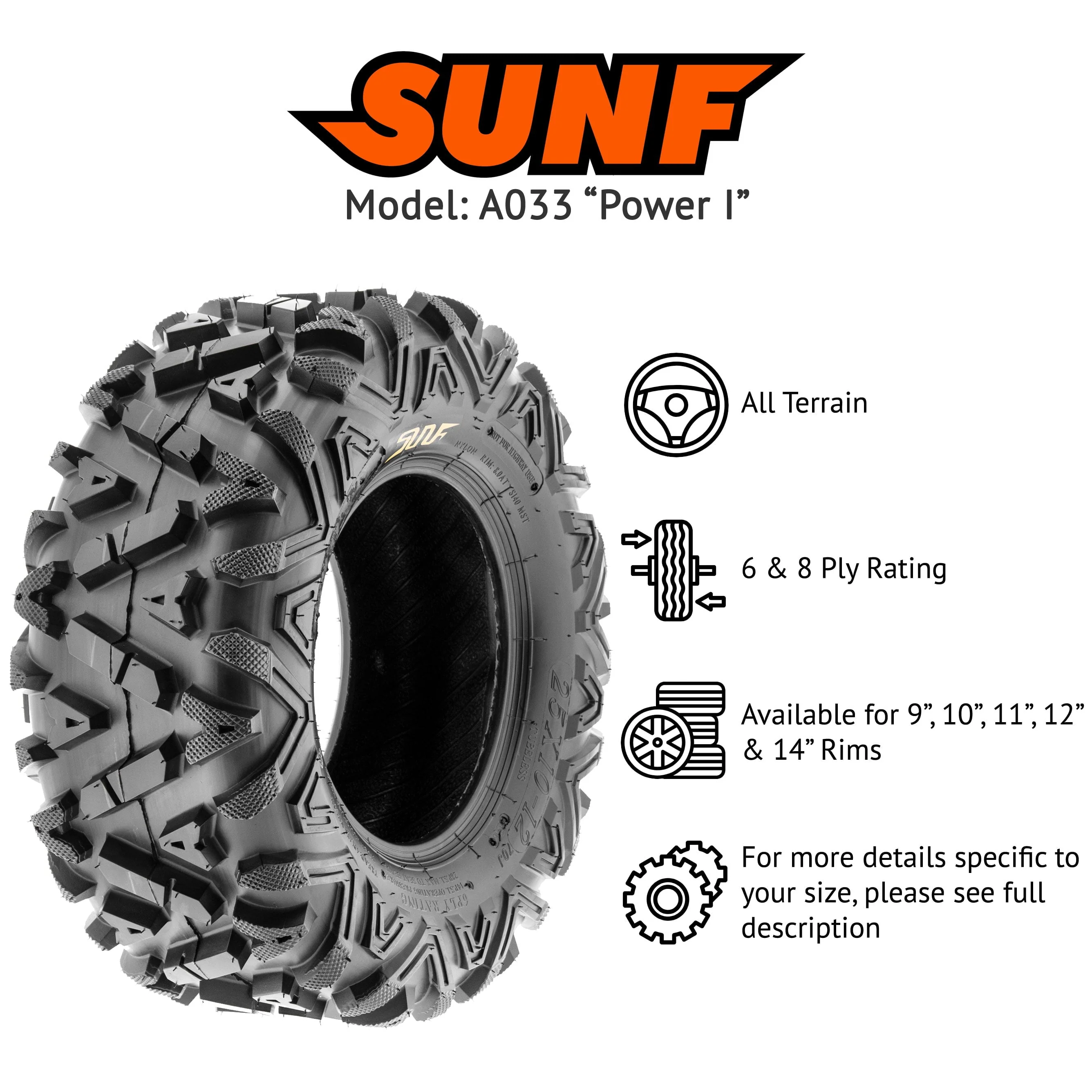 Sunf All-Terrain ATV UTV Tires 24x10 - 12 24x10x12 6 PR A033 (Pair of 2)