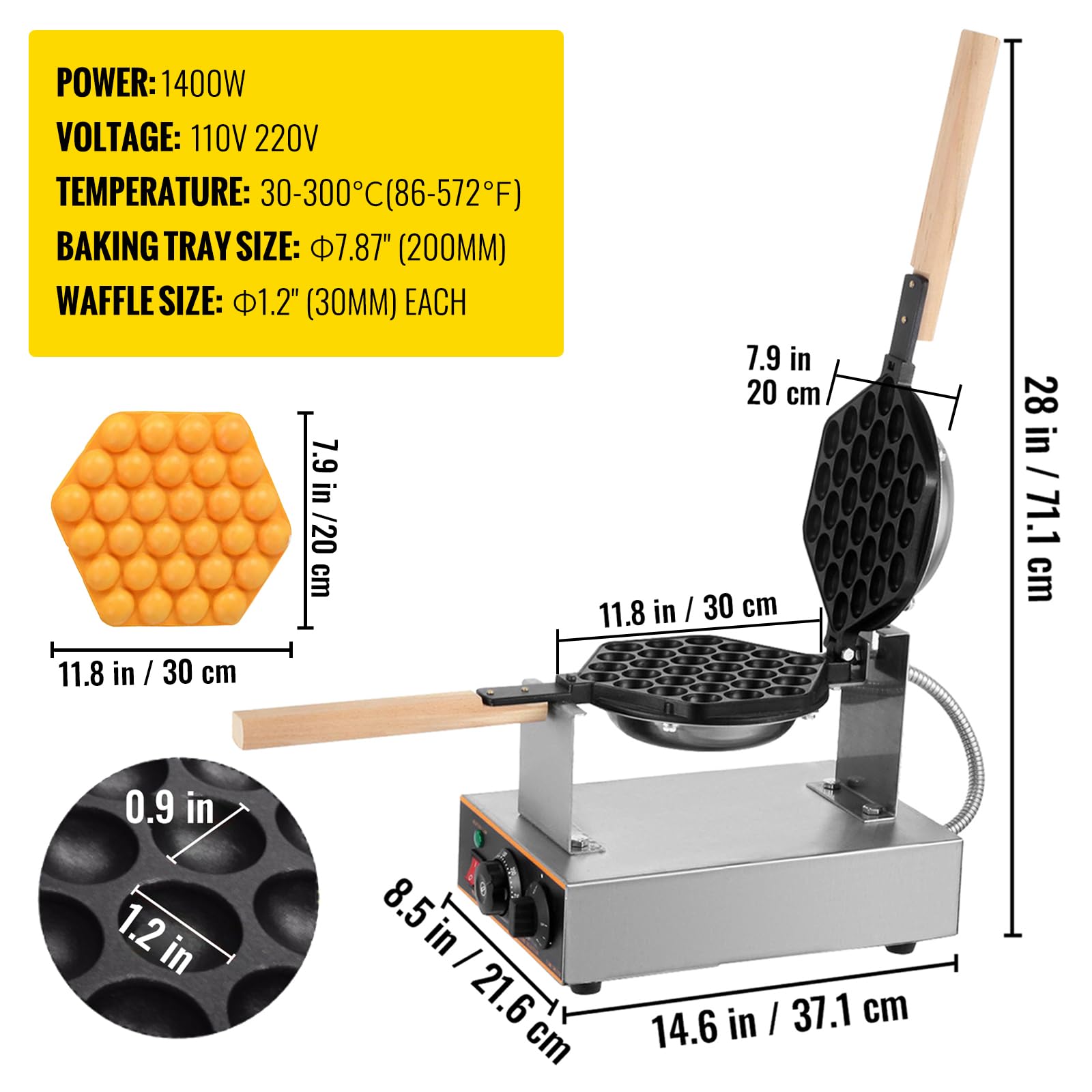 Commercial Bubble Waffle Maker, 1400W Egg Bubble Puff Iron w/ 180° Rotatable 2 Pans & Wooden Handles, Stainless Steel Baker w/Non-Stick Teflon Coating, 50-250℃/122-482℉ Adjustable