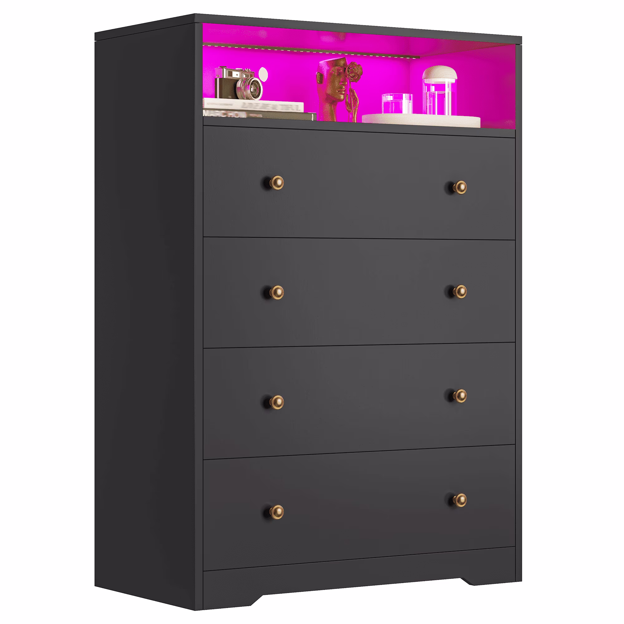 4-Drawer Black Wood Dresser with LED Lights,Modern Chest of Drawers for Bedroom,Living Room(Black)
