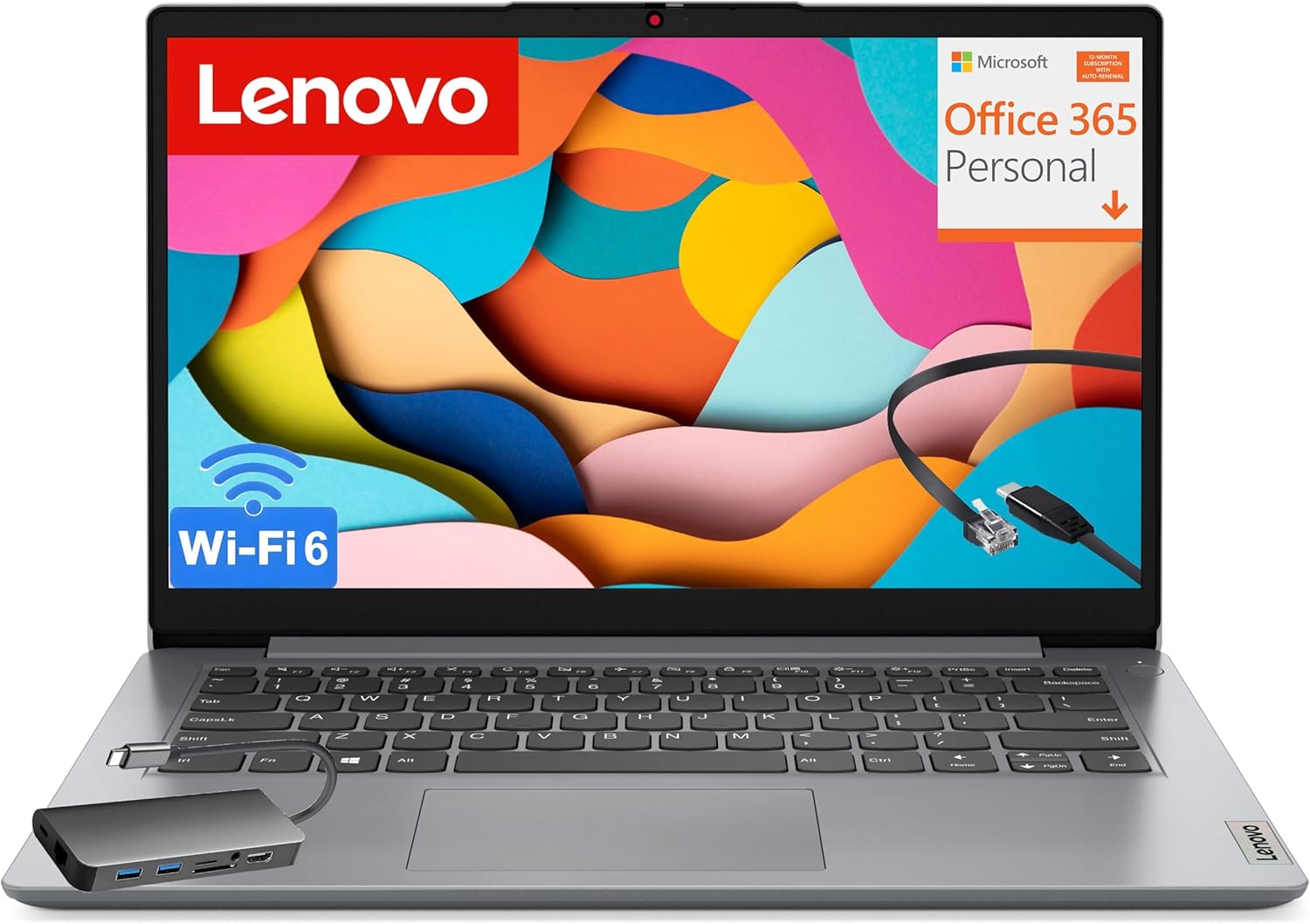 Lenovo IdeaPad Laptop for Students  1-Year Office 365  Intel High Performance CPU  4GB RAM  128GB eMMC  SD-Card Reader  WiFi 6  Windows 11 S  8 in 1 Hub  Type C RJ45 Cable