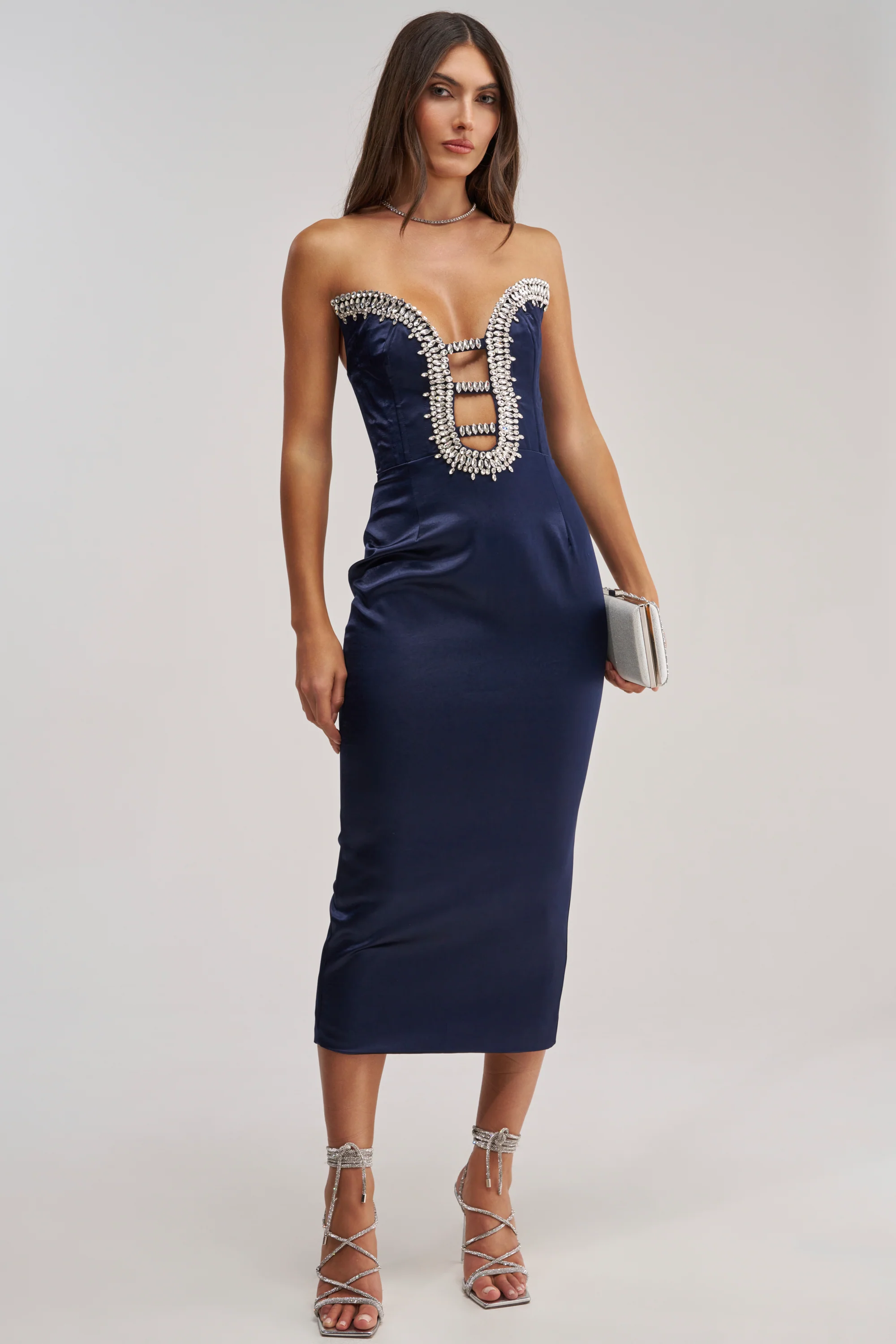 FEELIN THE LOVE RHINESTONE SATIN MIDI DRESS IN NAVY - Akira Store