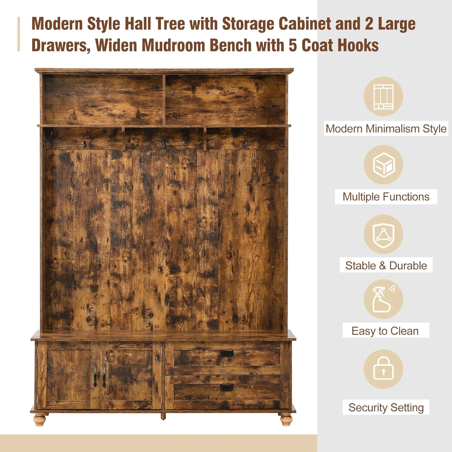 2025 New Hall Tree with 2 Large Drawers and Storage Cabinet, Coat Rack Set with Shoe Bench, Widen Mudroom Bench with 5 Coat Hooks, Hallway Shoe Cabinet for Hallway(Brown)