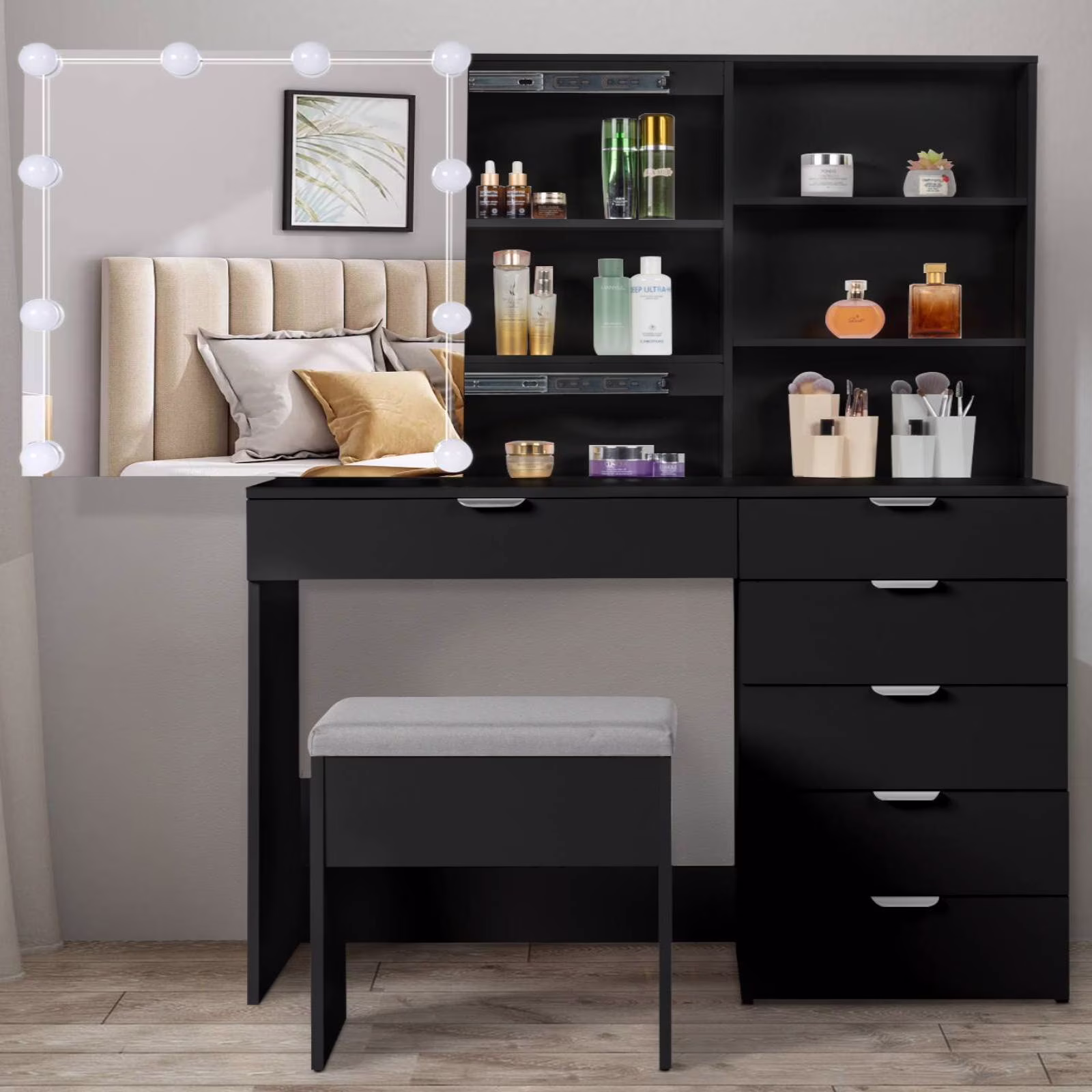 Vanity Set with 3 Color Lighted Mirror, Makeup Table with 6 Drawers, Dressing Table Makeup Desk with Stool,White(White) - Image 3