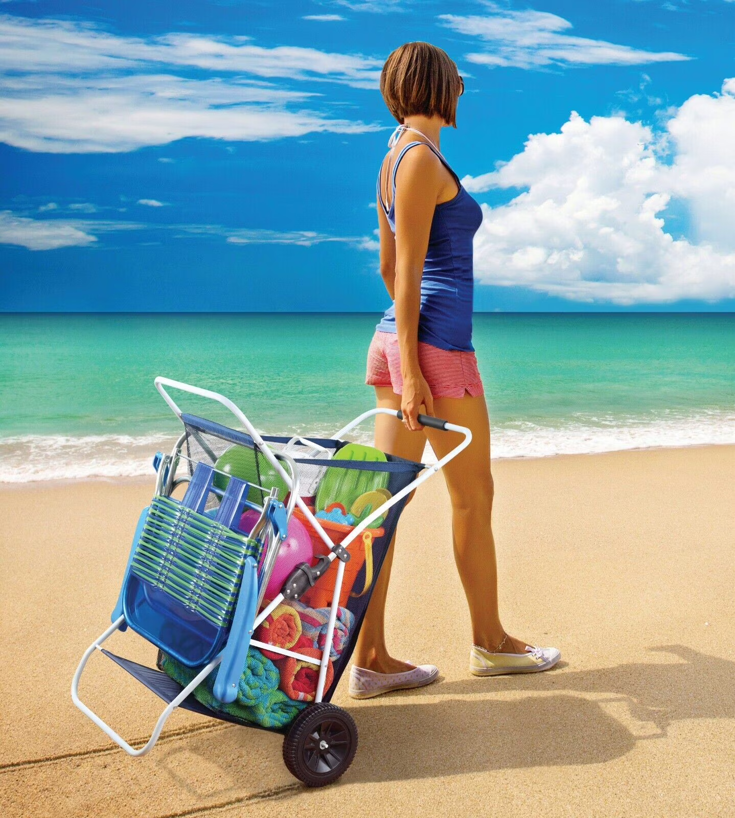 Folding Utility Beach Cart Collapsible Folding Outdoor Utility Wagon Wide Terrain Wheels for Sand