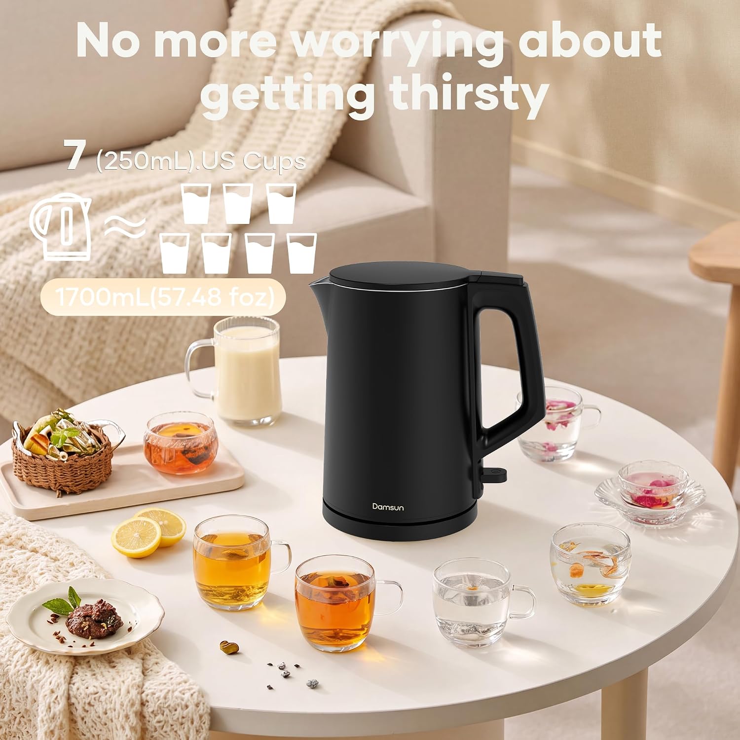 Damsun 1.7L Stainless Steel Electric Kettle, 1500W Rapid Boil, Black