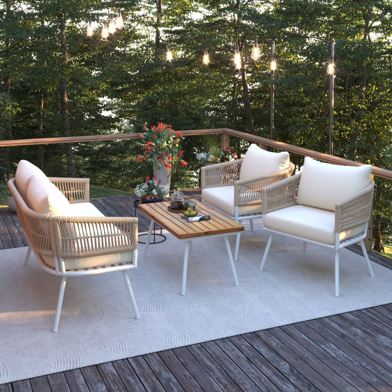 4-Piece Rope Patio Furniture Set with Ajustable Feet, Boho Rope Outdoor Conversation Set with Wood Table, Sofa Seating Set with Thick Cushion for Backyard Lawn Garden, Beige