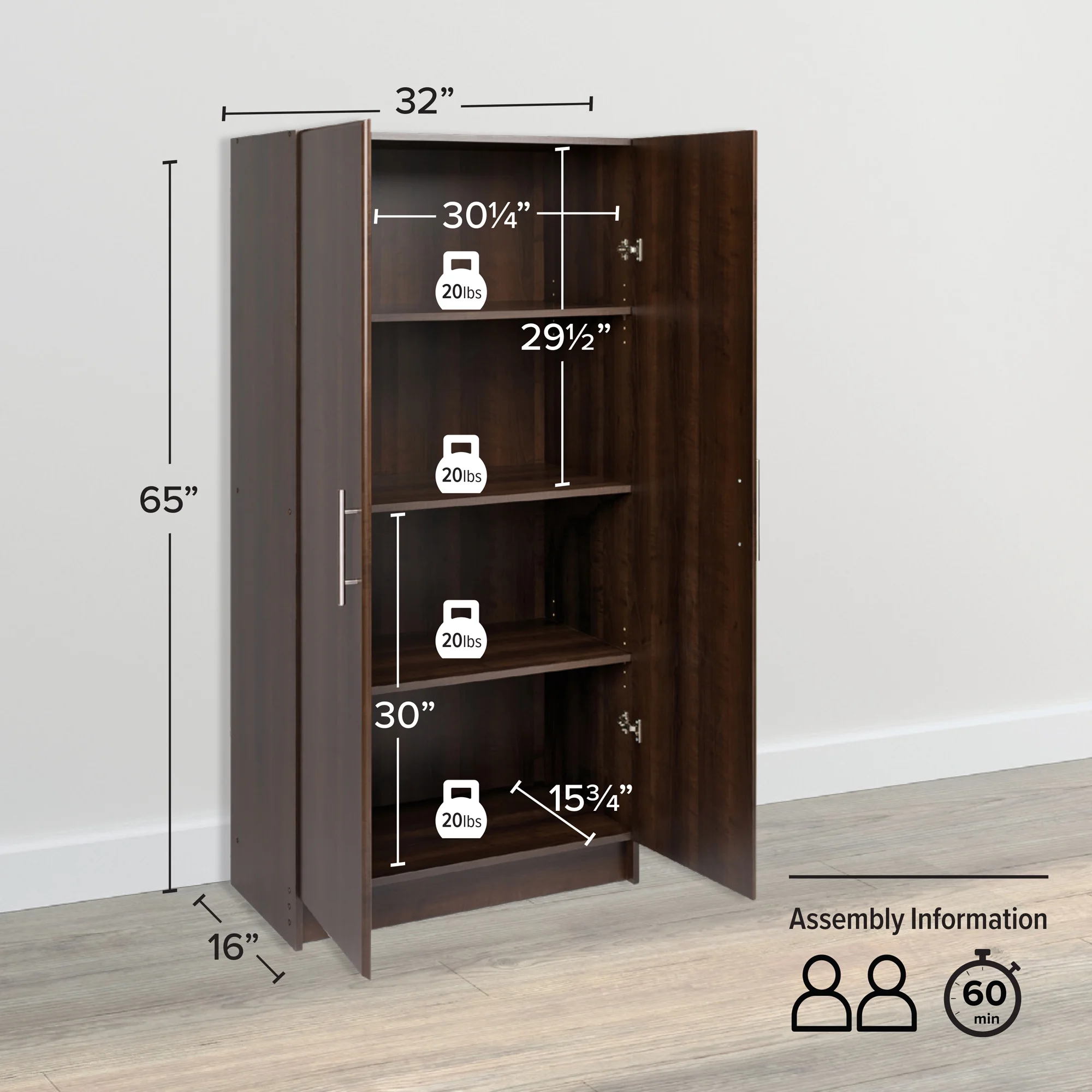 Adjustable Shelves Cabinet Functional Tall Garage Table, 16"D x 32"W x 65"H Freestanding Garage Cabinet with 2-Doors, Espresso EES-3264(Espresso) - Image 6
