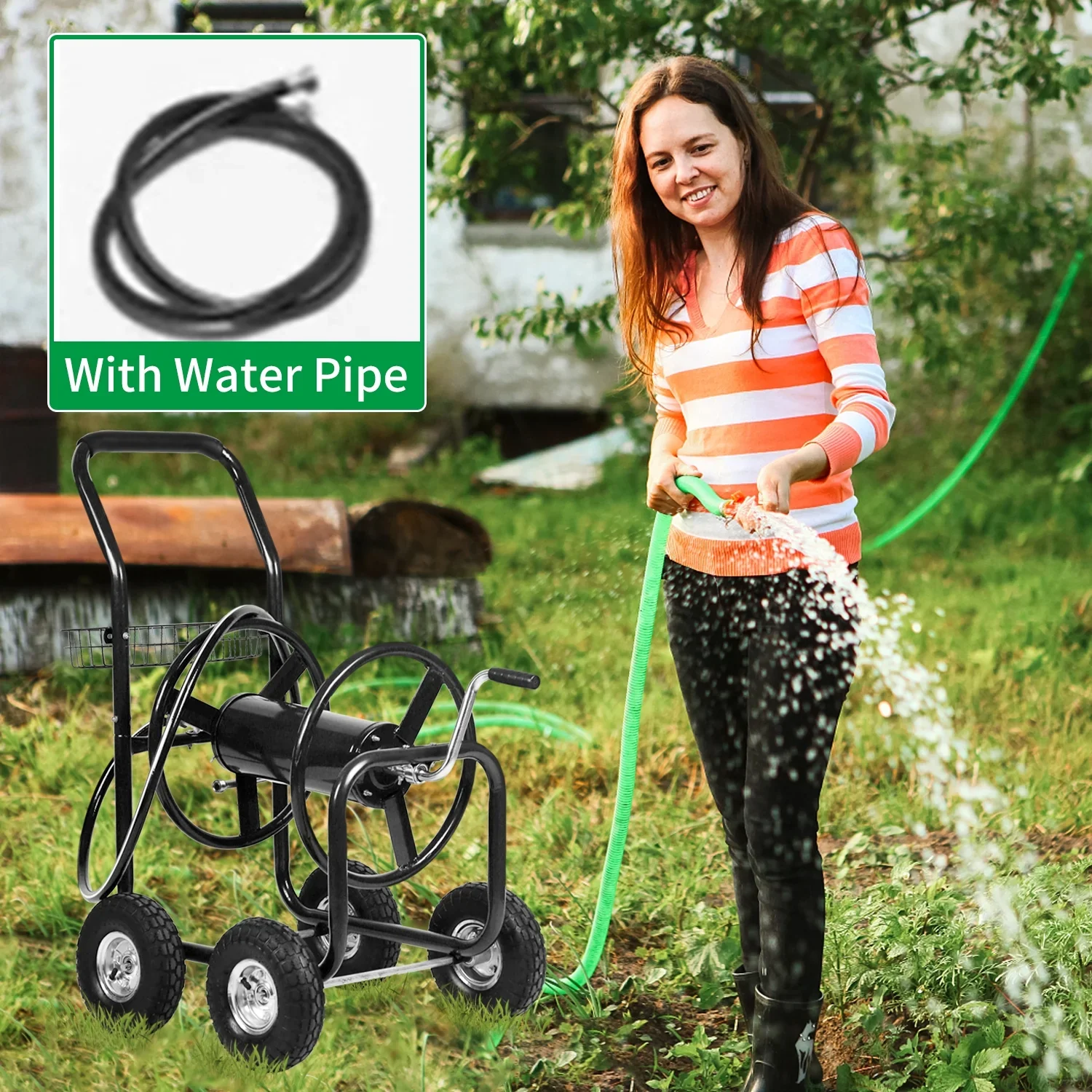 Garden Hose Reel Cart with Wheels Heavy Duty Hose Reels Cart Water Hose Cart Holds 300-Feet of 5/8 Hose for Yard Water Planting Outdoor Garden Lawn Water Truck w/Storage Basket, Black