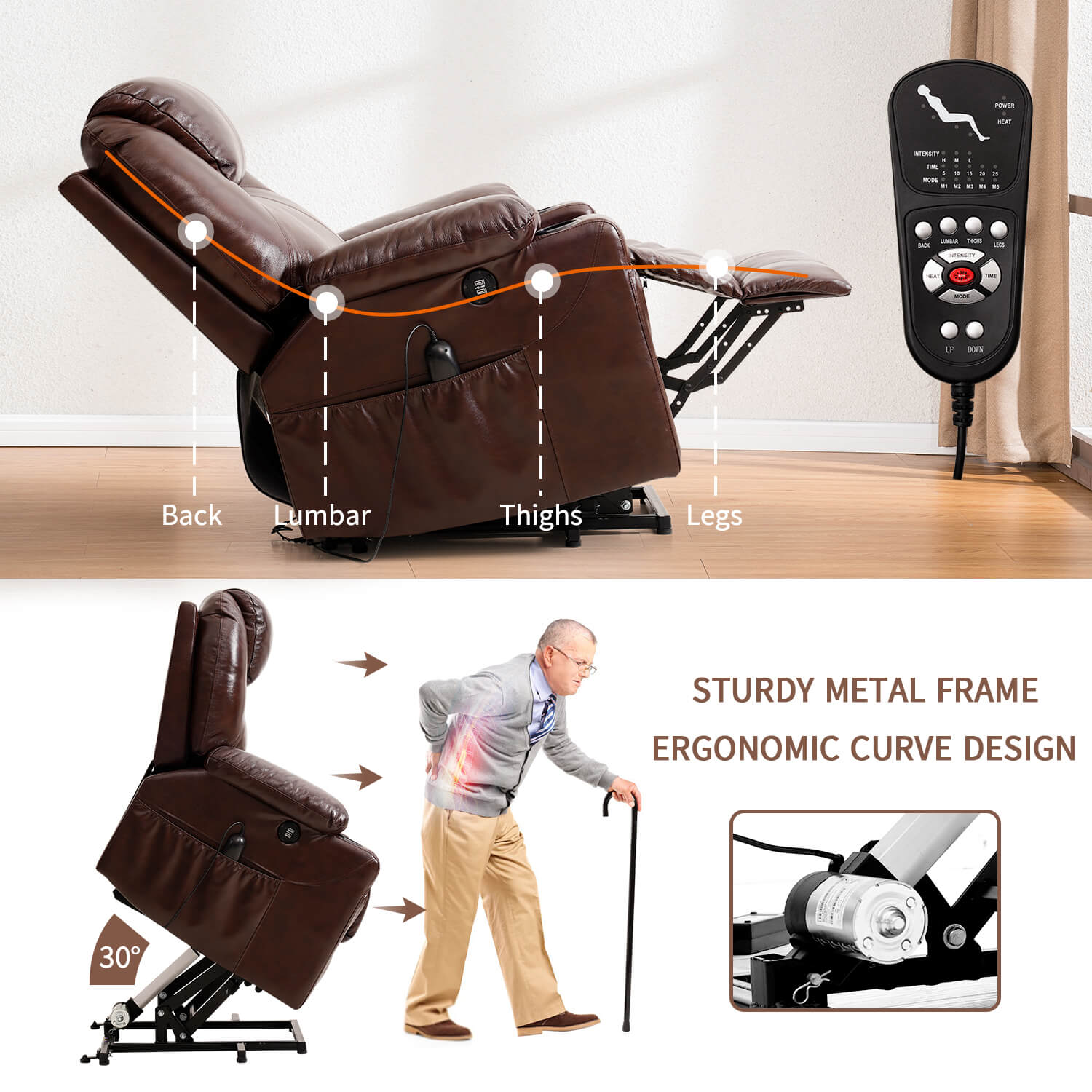 Fauteuil releveur électrique 3 positions avec repose-talon et massage, revêtement en cuir véritable