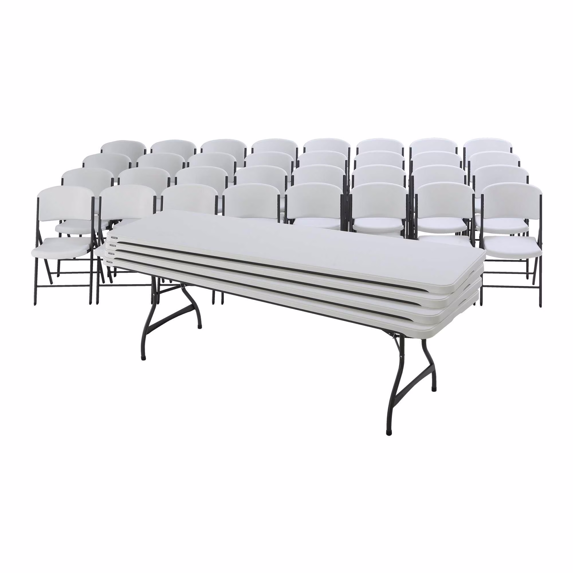 Lifetime (4) 8 - Foot Rectangle Stacking Tables and (32) Chairs Combo Indoor/Outdoor Commercial Grade, White Granite (80410)