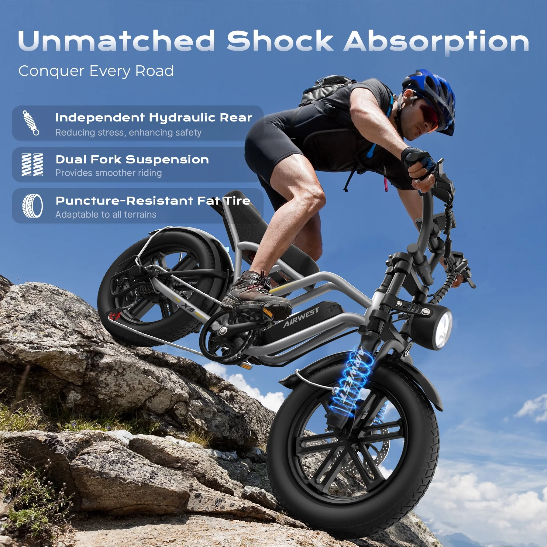 Peak 1000W Electric Bike for Adults Reaches 25MPH, 65 Miles Long Range, 48V 13Ah Battery, Full Suspension, 7-Speed, 20" Fat Tire Electric Motorcycle Dirt Bike, UL2849(Silver) - Image 4