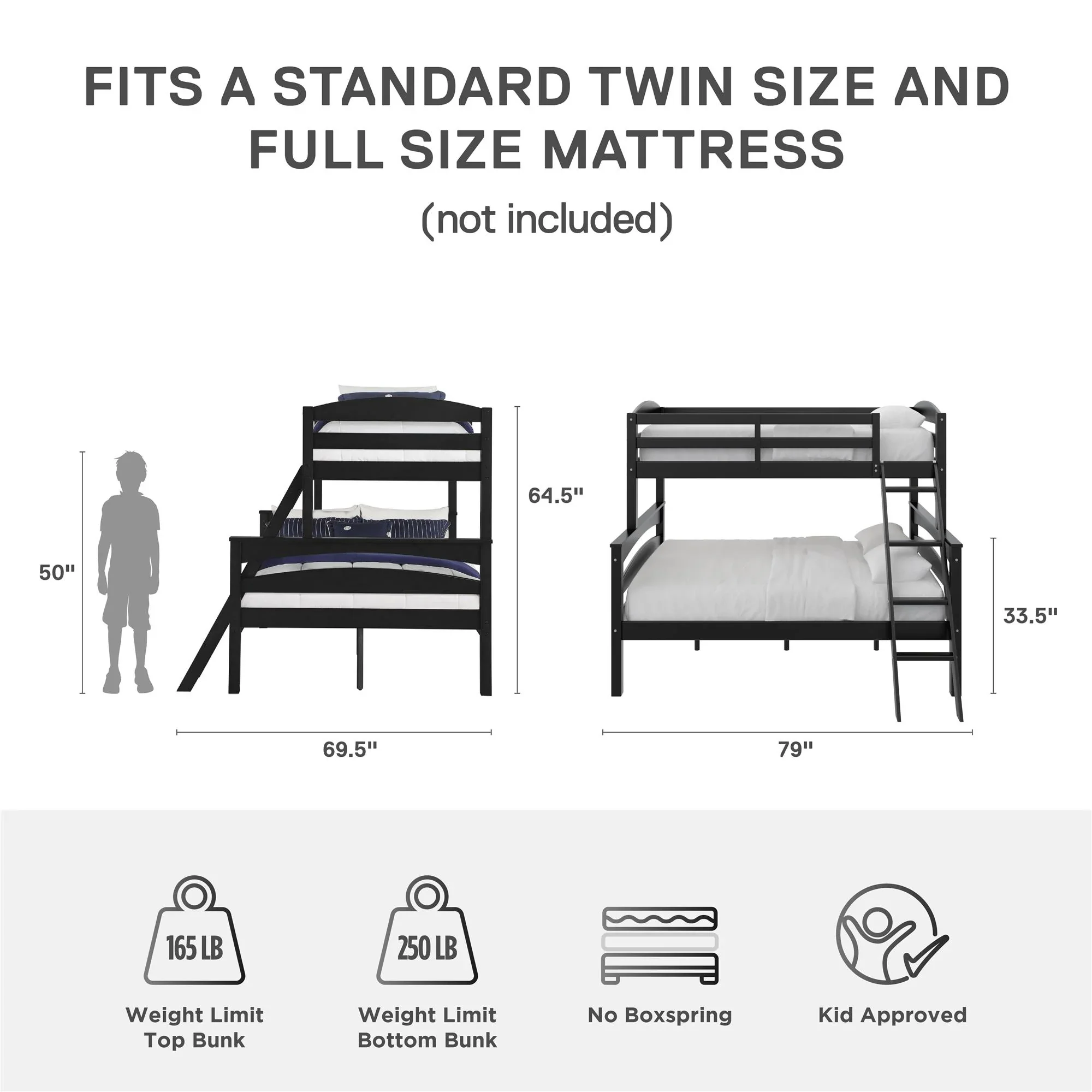 Better Homes & Gardens Leighton Kids' Convertible Twin-Over-Full Bunk Bed, Gray