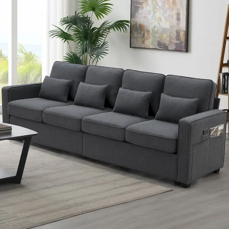 104-Inch Modern Linen Fabric Sofa for 4 with Armrest Pockets and 4 Cushions