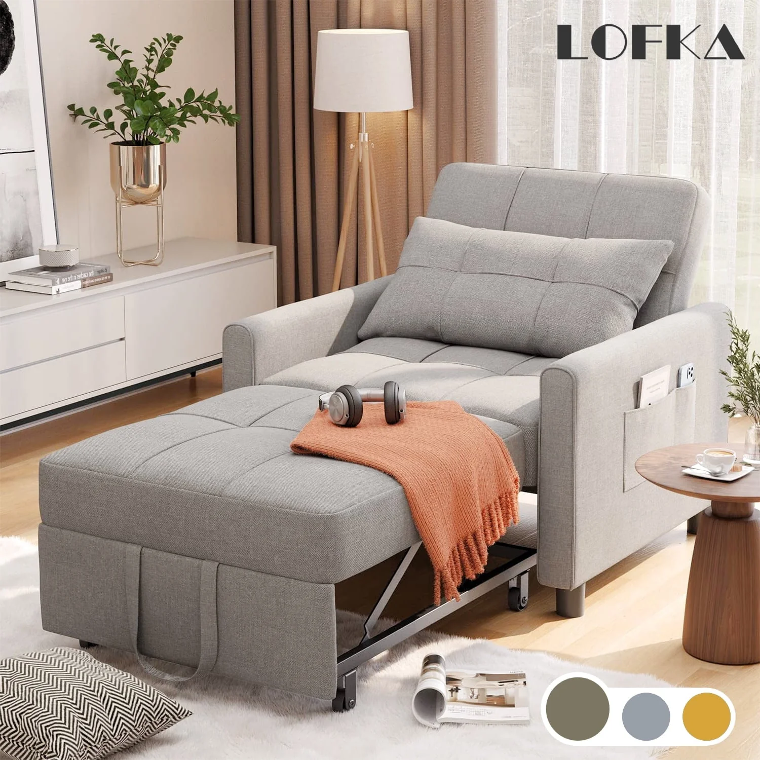 Lofka Chair Bed, Convertible Sofa Bed Couch Recliner Single Bed for Living Room/Office/Bedroom, Light Gray(Dark Gray) Image 2