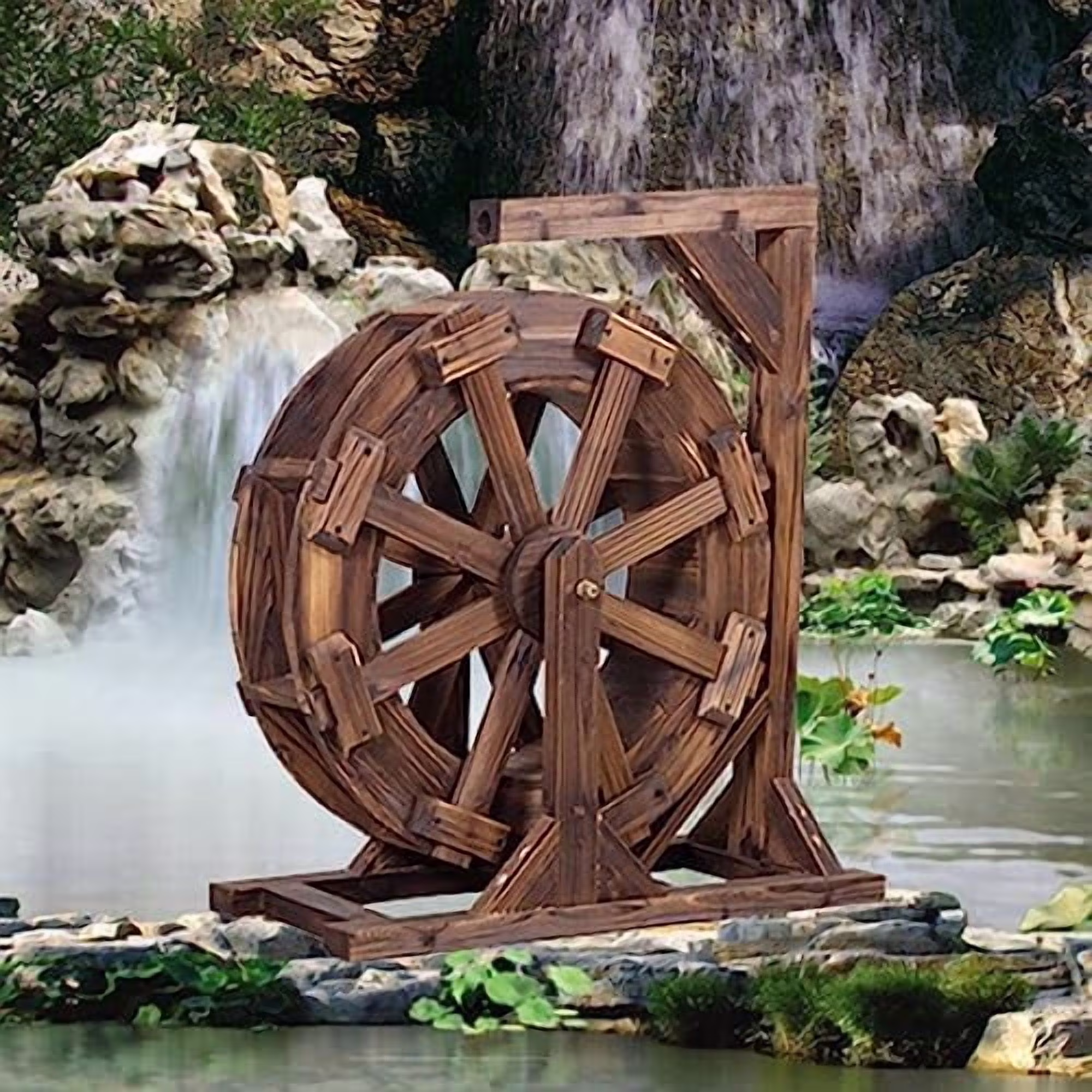 Water Wheel Fountain Outdoor Garden with Stand, Outdoor Water Fountains and Waterfalls, Wooden Water Wheel Fountain for Patio Pond Pool, Garden Decoration Water Feature, Vintage Rustic Ornamental (Co