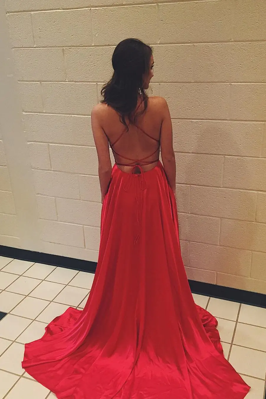 Red Spaghetti Strap Prom Dress with Pockets Sexy Long Split Party Dresses DMJ87