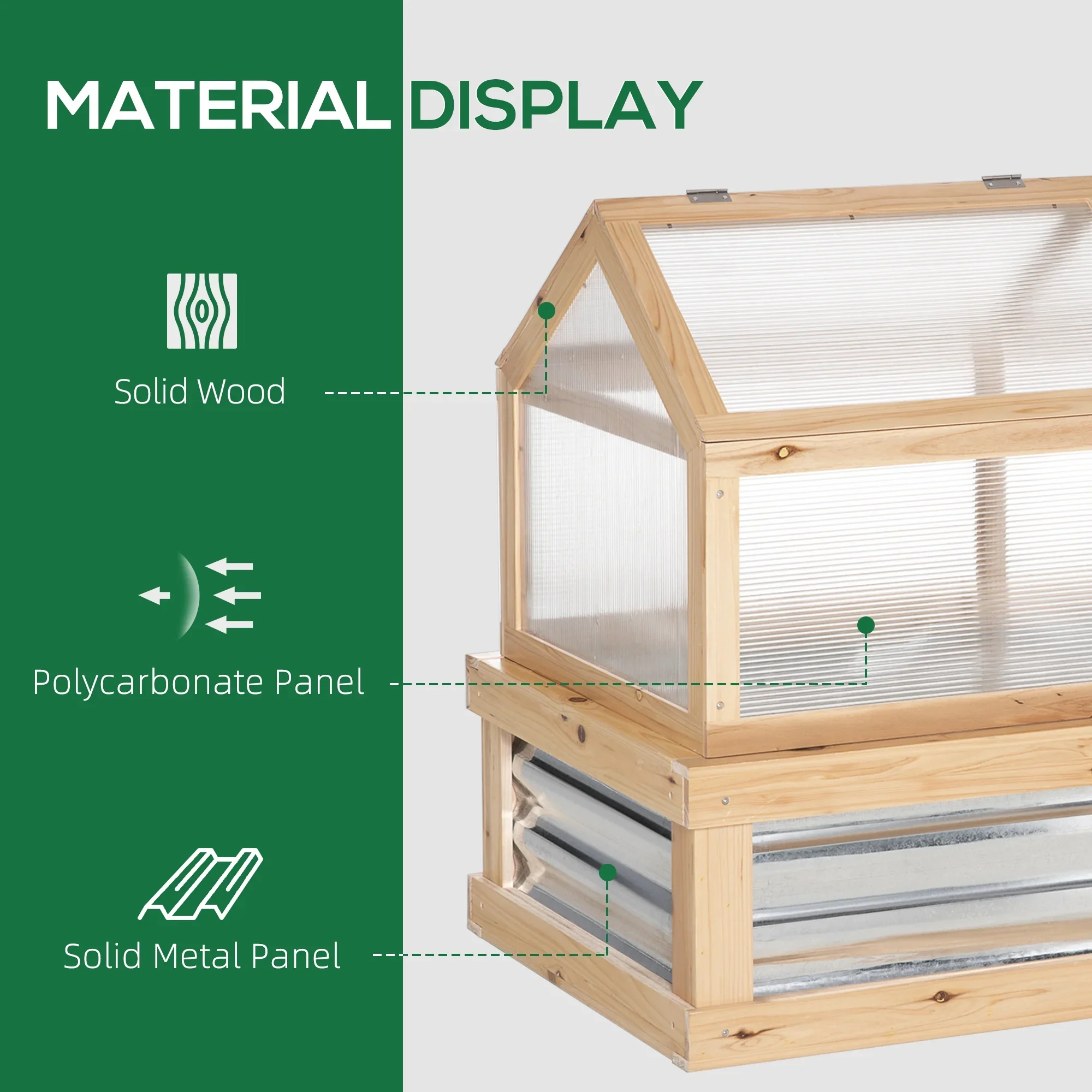 Outsunny Raised Garden Bed with Polycarbonate Greenhouse, Wooden Garden Cold Frame Greenhouse, Flower Planter Protection, 48 x 24 x 32, Natural