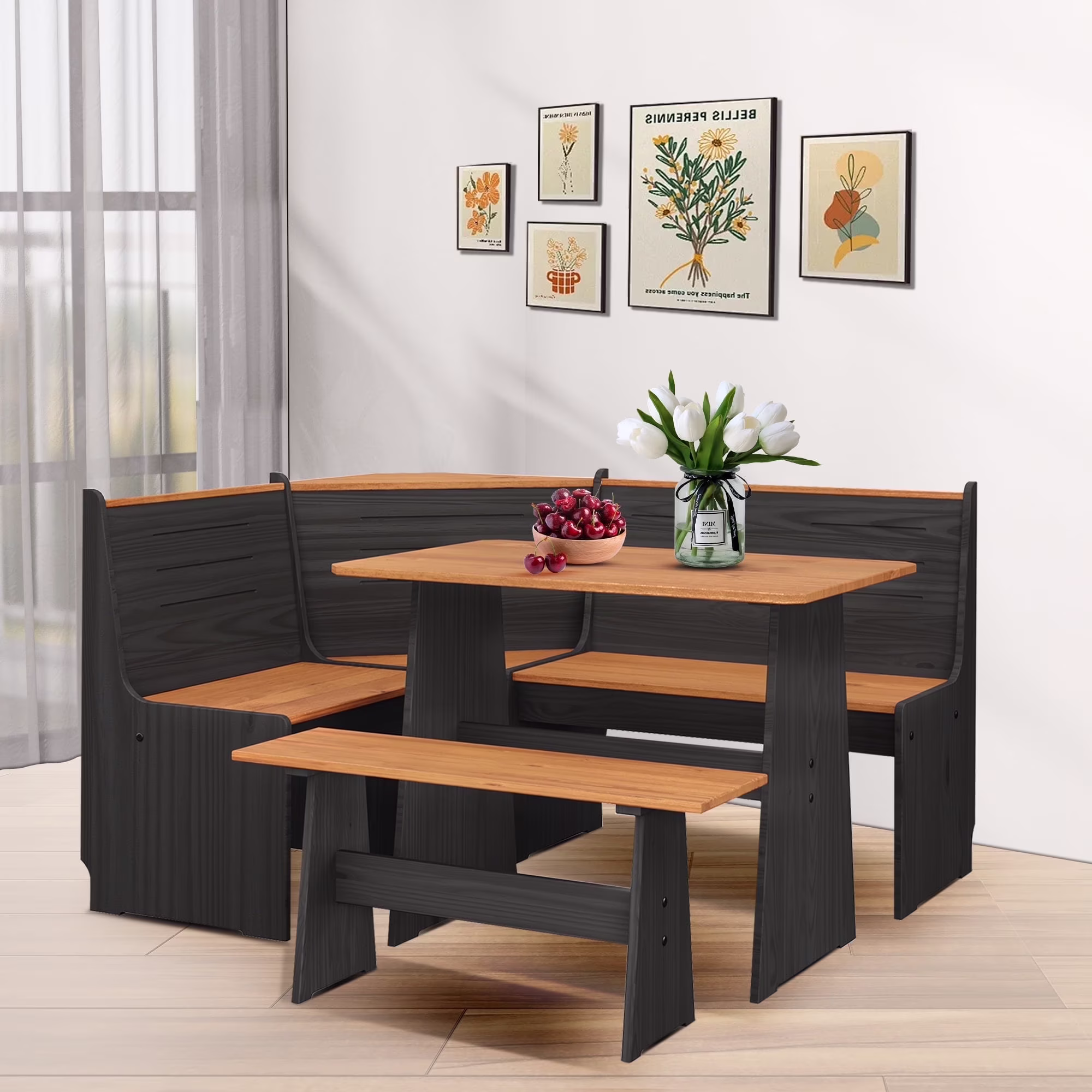 Breakfast Nook Kitchen Corner Dining Table Bench Chair Set, Space-Saving 3-4 Seat L-Shape Farmhouse Mid Century Modern Style for Family Home Black Wood(Black and Oak)