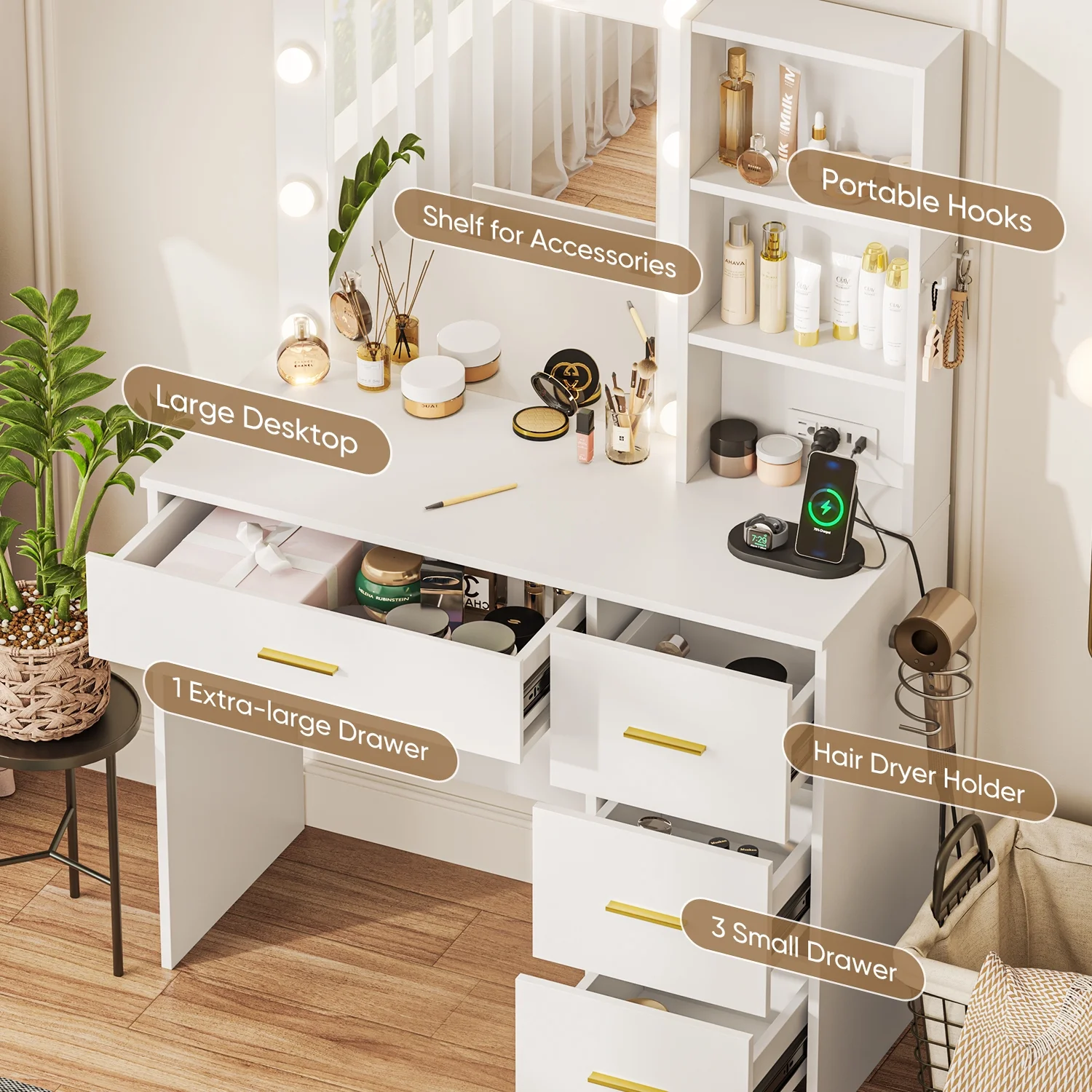 Makeup Vanity Desk with 3 Color Light Mirror, Vanity Table with 4 Drawers, Storage Shelf, Power Outlet, Adjustable Brightness Dressing Table, White(White 2) - Image 6
