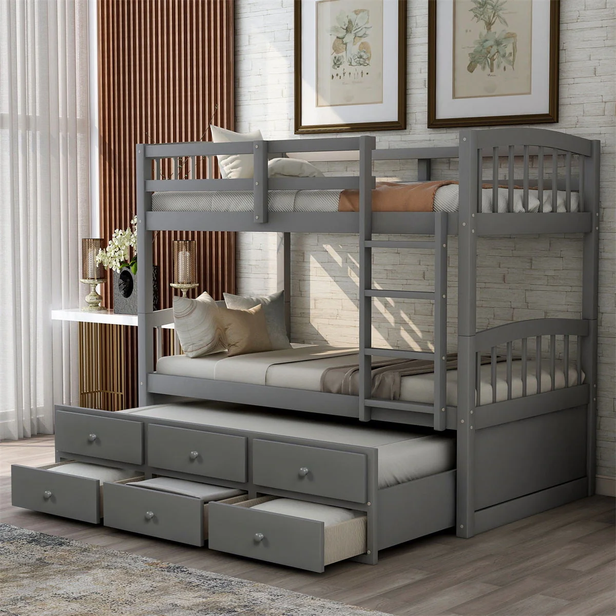Twin - Over - Twin Bunk Bed with 3 Storage Drawers, Twin Bunk Bed Frame with Ladder & Safety Rail, Pinewood Trundle Bunk Bed for Teen Bedroom, Guest Room Furniture, Can Be Convertible to 2 Beds, Gray