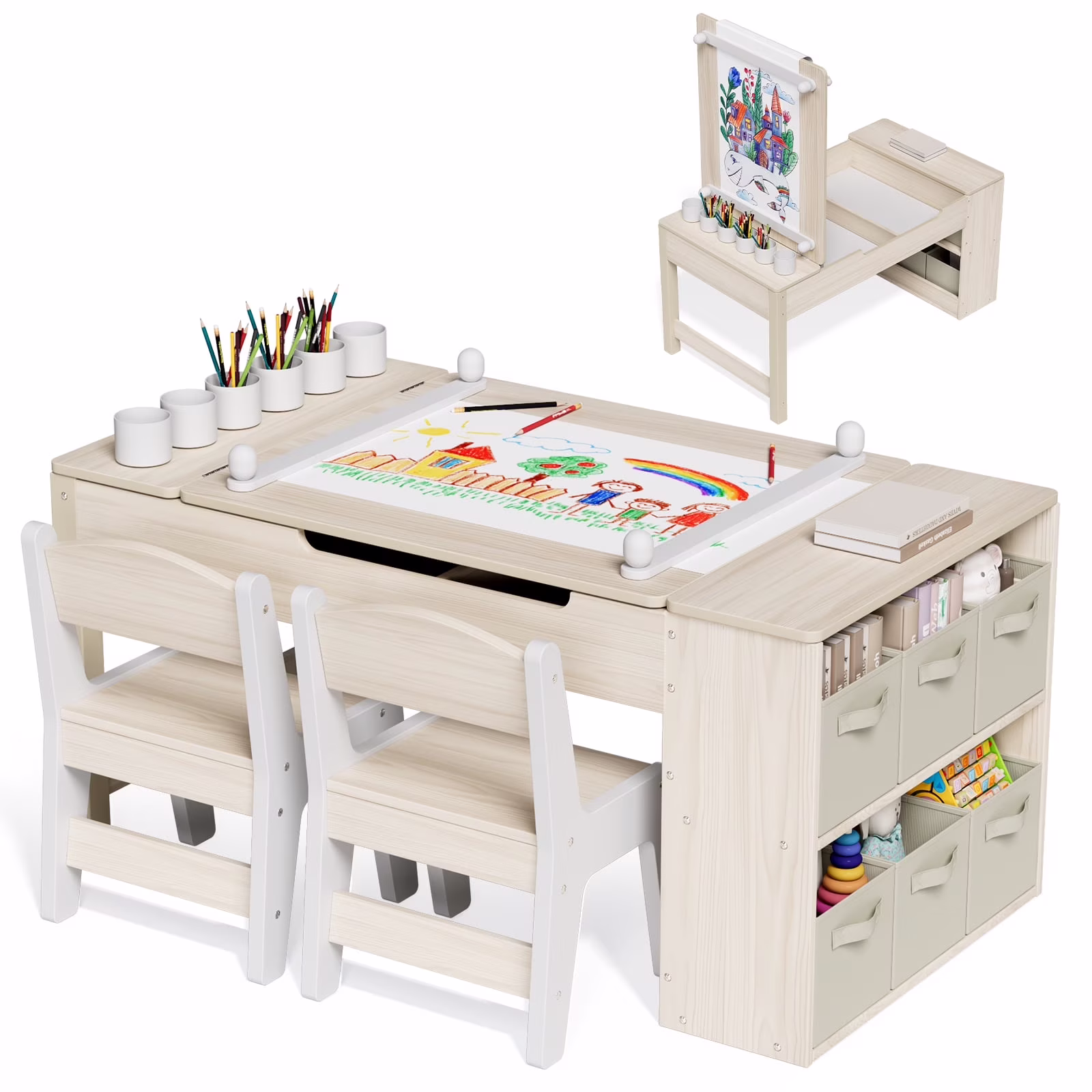 Kids Art Table and 2 Chairs Set, 2 in 1 Easel Toddler Craft Table and Chairs Set with Storage Bins, Paint Cups and Paper Roll, Activity Table Set for Children 3+(Blue) - Image 3