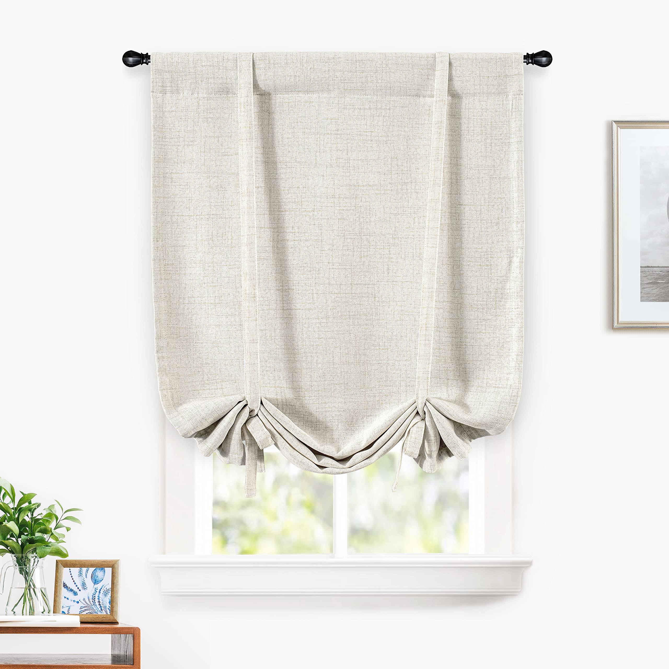 DriftAway Blackout Linen Textured Solid Basic Room Darkening Thermal Insulated Tie Up Adjustable Balloon Rod Pocket Linen Curtains for Small Window